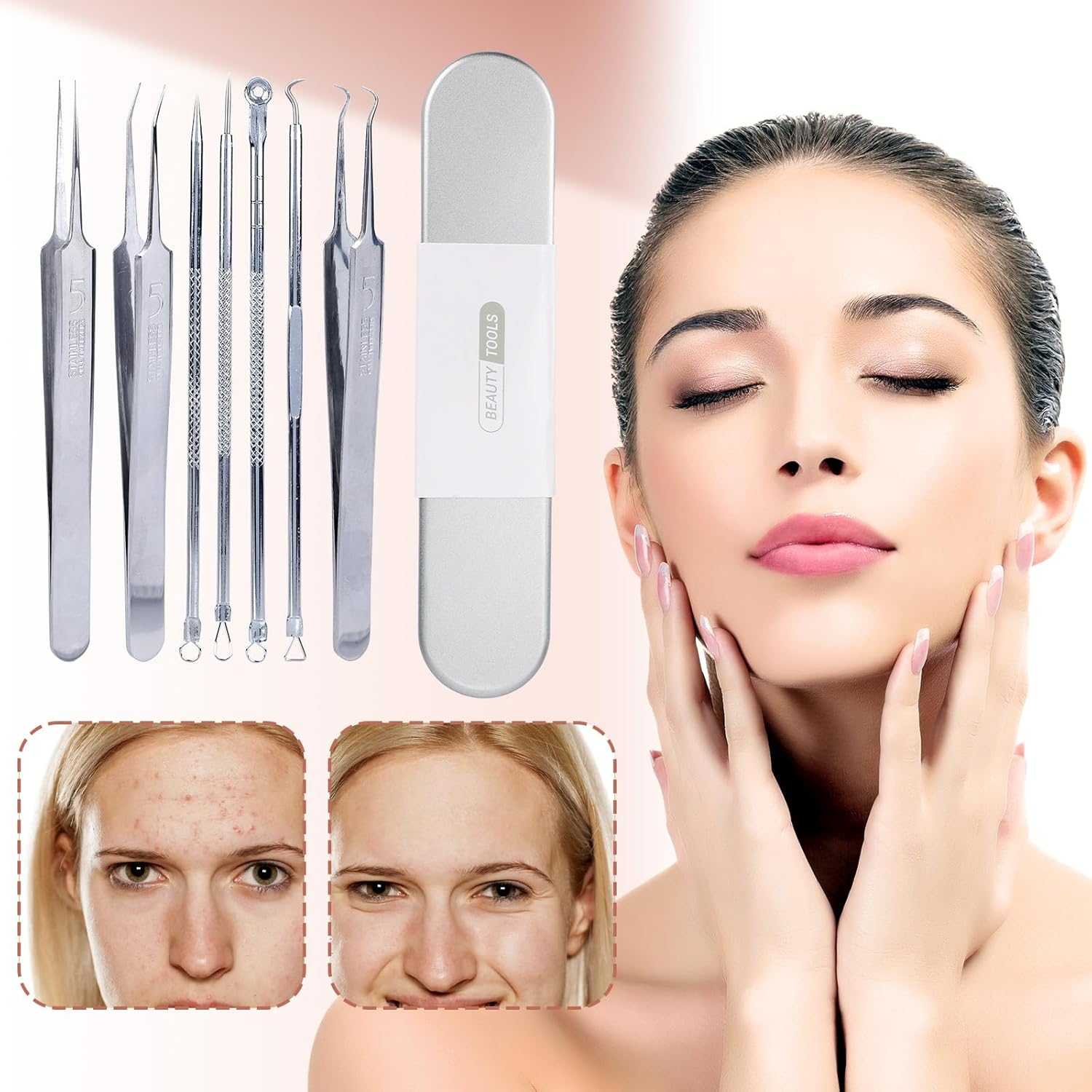 Lasuroa 7Pcs Pimple Popper Tool Kit, Blackhead Remover Tool Stainless Steel Comedone Extractor Blackhead Tweezers for Face Nose Cleaning image number 1