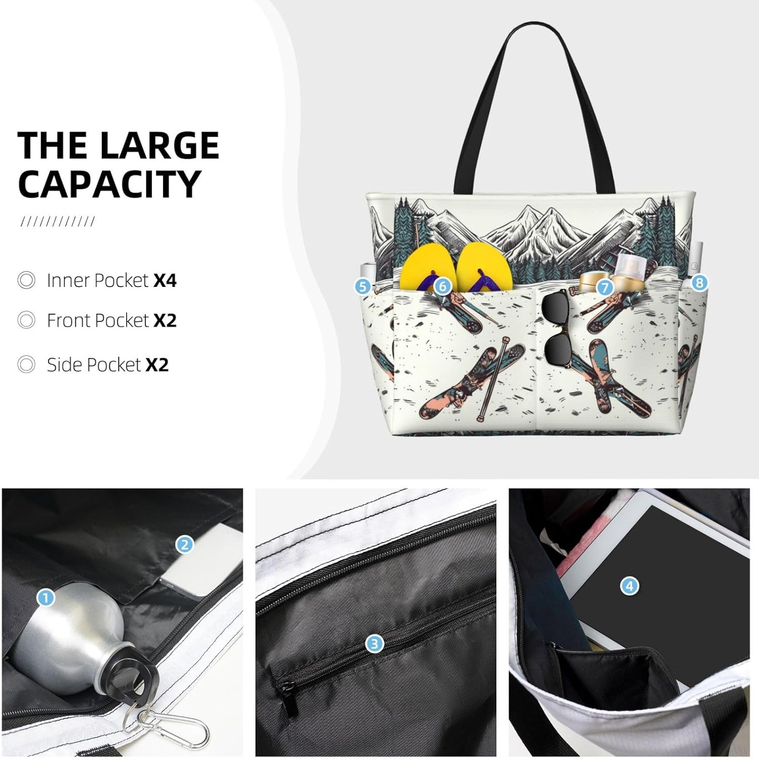 GDSHJKLW Beach Bags for Women Large Waterproof Sandproof Beach Tote Bag Lightweight Zipper Carry on Bag Skiing with Gear Set Pool Bag for Gym Travel Vocation, Black, One Size