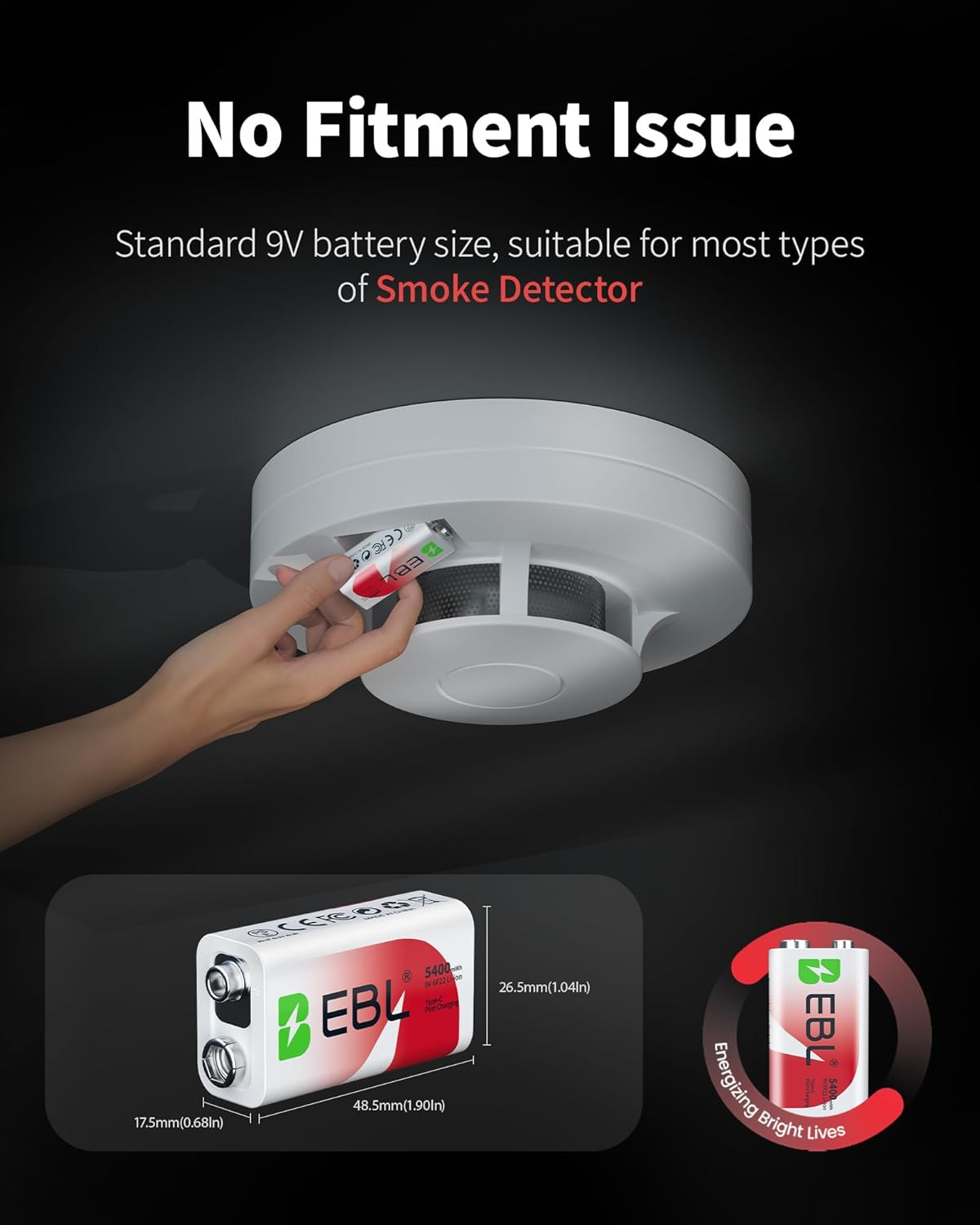 EBL Rechargeable 9V Batteries, 5400Mwh 9 Volt Lithium Battery over 1200 Cycles, 2 Hours Quick Charge with USB-C Charge Cable（4 Pack） image number 1