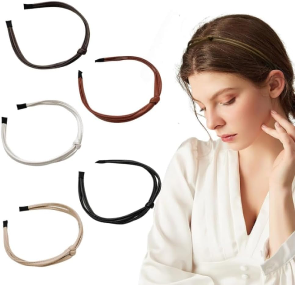 5 Cute Leather Knotted Hair Bands, Portable Thin Braid Fashionable and Simple Knotted Anti-Slip Leather Hair Bands, Suitable for Washing Face, Headwear, Etc(5 Colors) image number 4