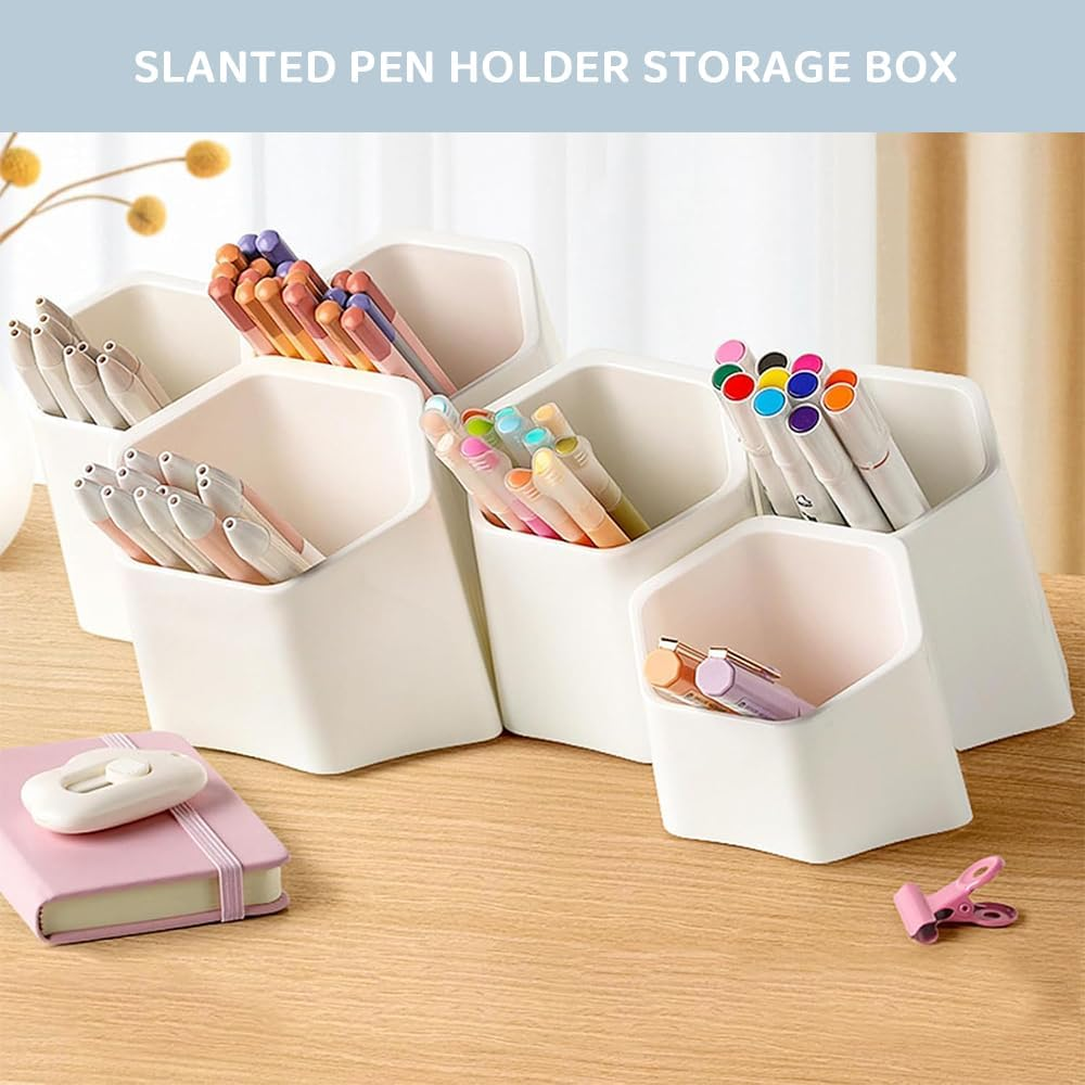 Multifunctional Desk Organizer with 6 Compartments &ndash; Oblique Pen & Makeup Brush Holder, Adhesive Wall-Mounted Pencil Cup for Office, School, Art & Home Use (White) image number 6