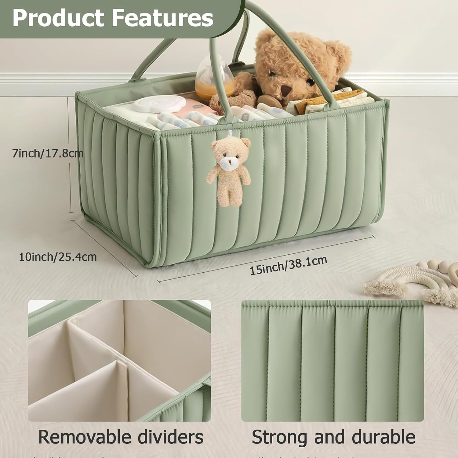Nappy Caddy Organiser Stylish Diaper Caddy Storage Basket Perfect for Baby Shower,Car Caddy Organizer,Nursery Diaper Organizer,Portable Diaper Storage Bag (Green) image number 5