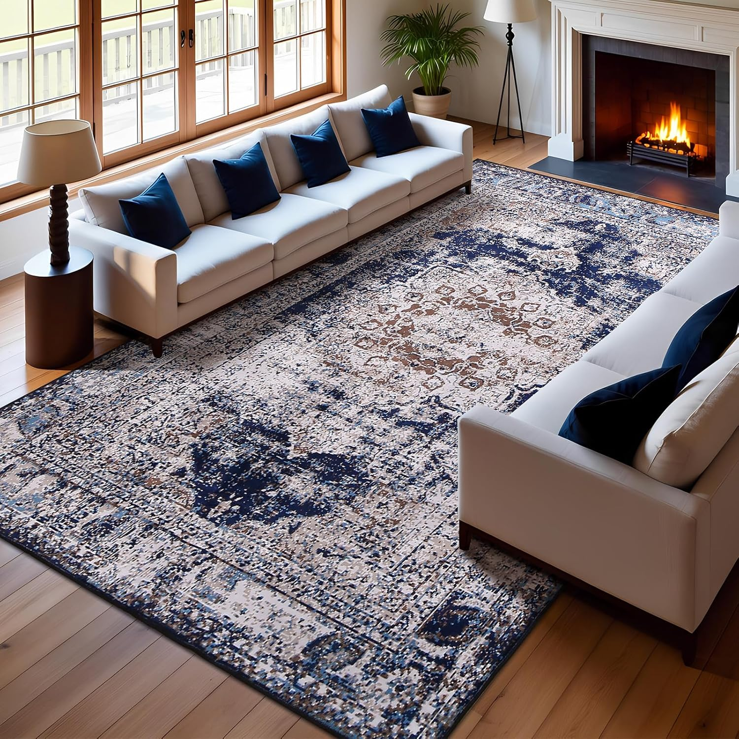 Calore Vintage Area Rug Living Room Rug, Non-Slip Soft Short Pile Carpet for Easy Clean, Chic Traditional Rug for Living Room Bedroom Dining Room (Retro Beige, 160 X 200Cm)