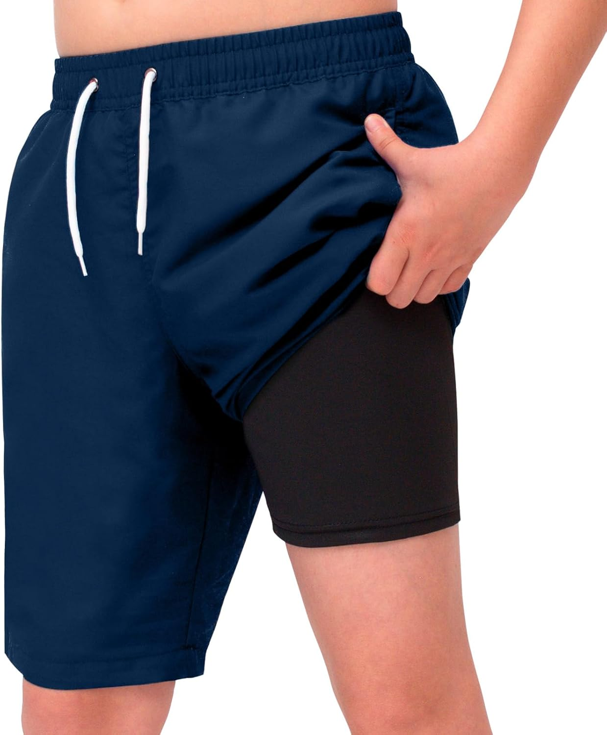 Hill & Sea Boys Swim Trunks 2 in 1 Bathing Suits for Kids Quick Dry Board Shorts Swimming Swimwear with Compression Liner Adjustable Drawstring