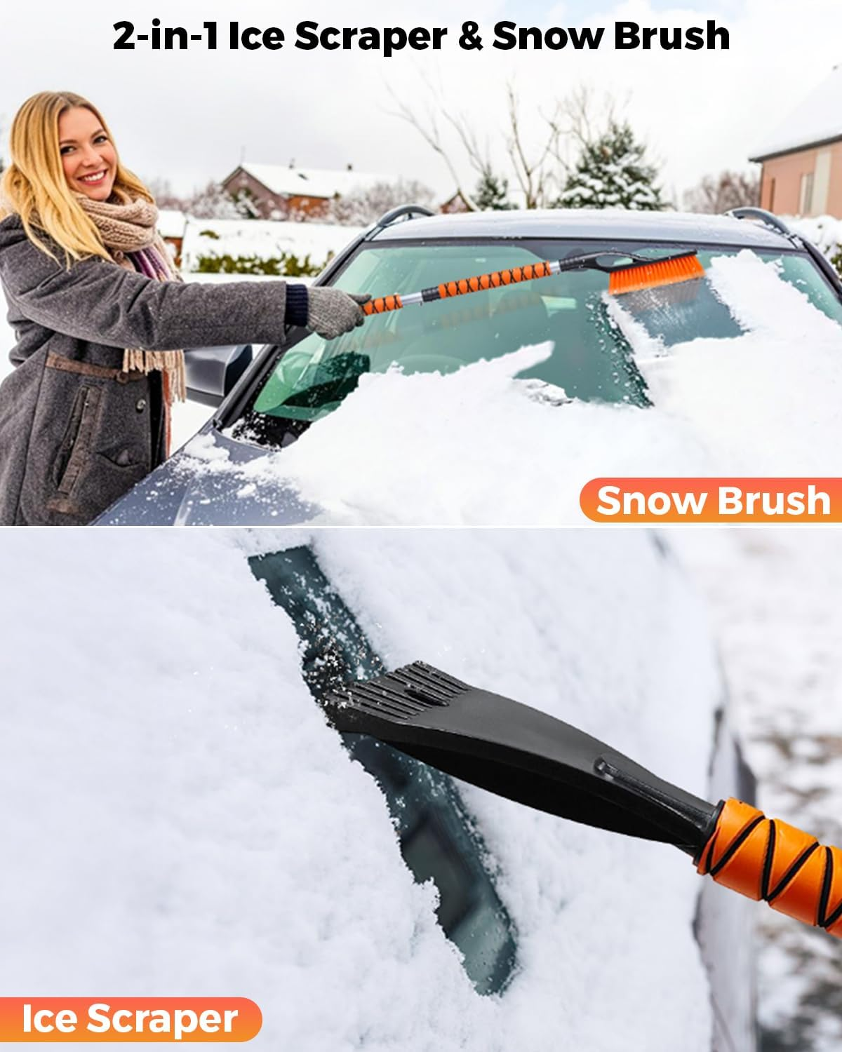 Econour Articglide Aluminum Snow Brush with Ice Scrapers for Car Windshield & Window 3 Parts Detachable & Anti-Scratch with Guardglide Technology, EVA Foam Grip, Winter Accessories (43 Orange)