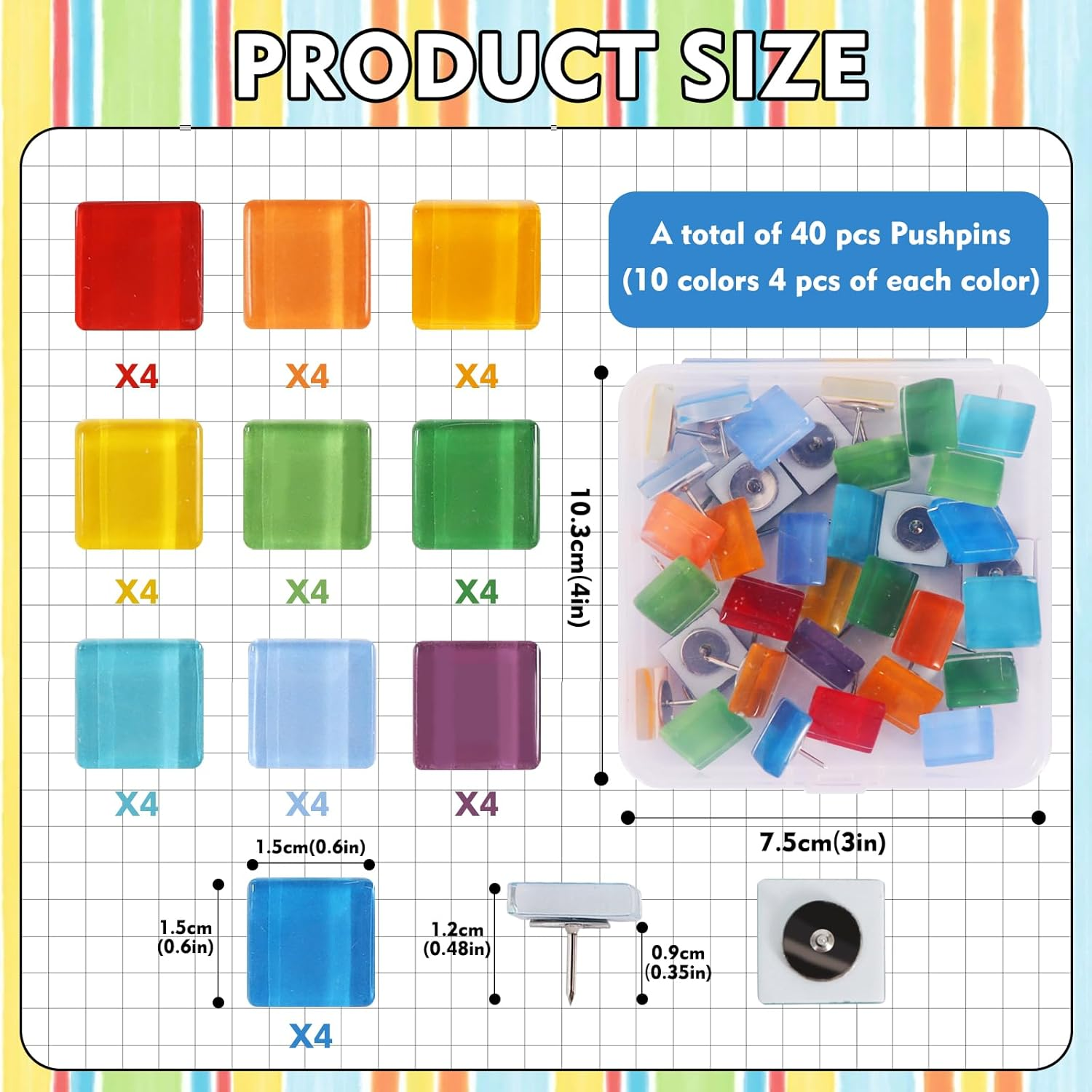 Vuzvuv Acrylic Colorful Square Decorative Push Pins for Bulletin Cork Board,Cute Thumbtacks Small Tile Pins for Home School, Office(30 Pcs)