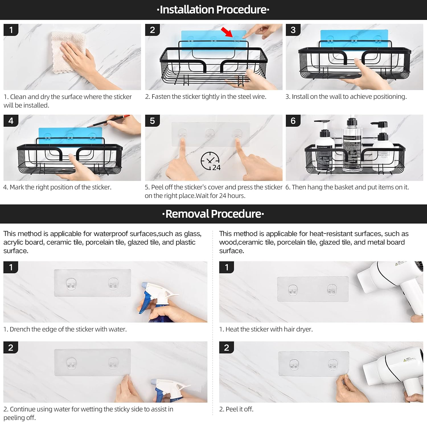 YOHOM Shower Caddy Basket Bathroom Shelves Organiser Storage Adhesive Kitchen Rack Shampoo Shower Gel Holder Wall with Hooks for Razor and Sponge Stainless Steel No Drilling Black 2Pcs image number 2