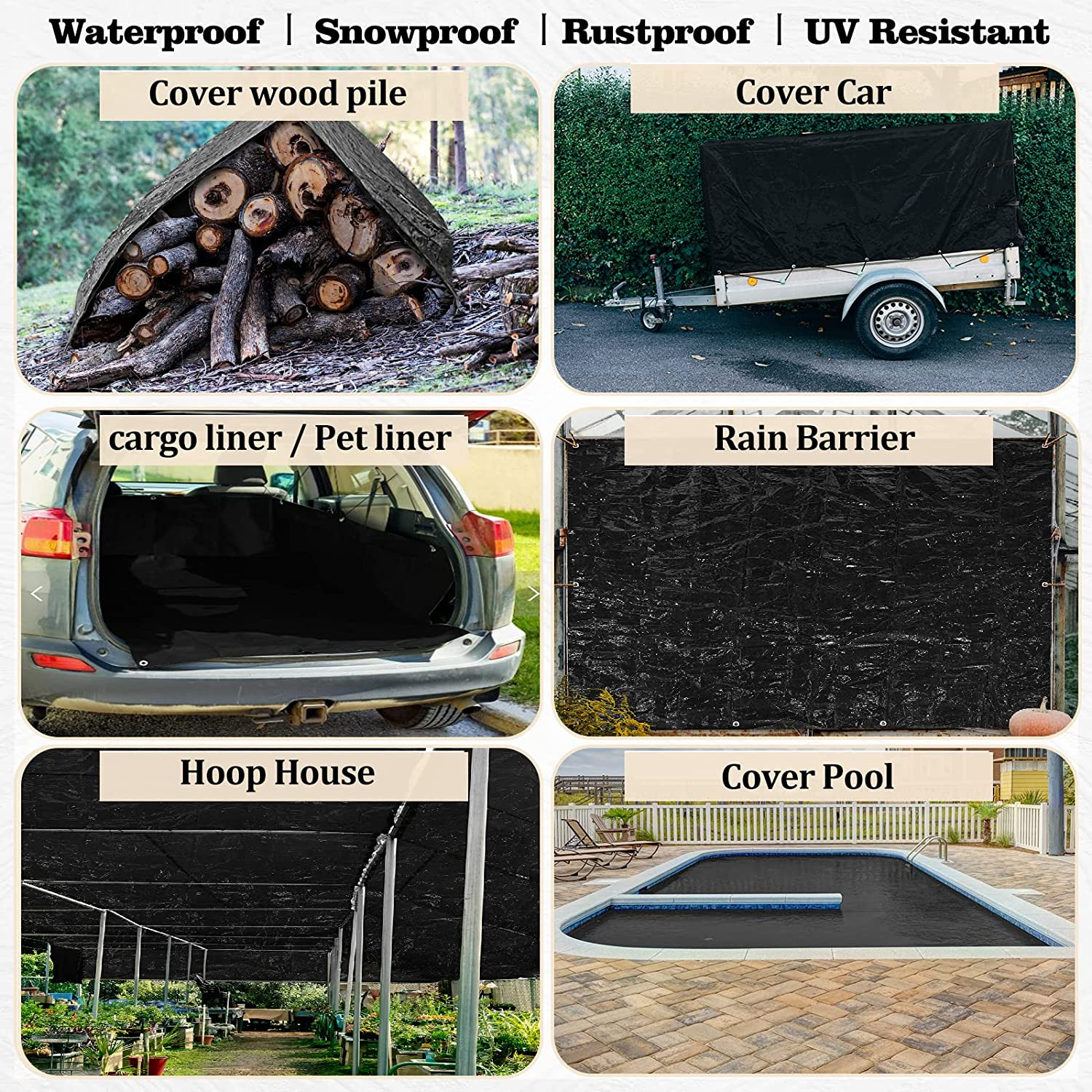 UCINNOVATE Black Poly Tarp 3 X 4 M Heavy Duty Waterproof Tarpaulin, 14 Mil Durable Black Cover Sheet with Grommets for Outdoor, Truck, Cargo, Pool, Storage Shed, Frame, Emergency Roof, Hay-Pile image number 3