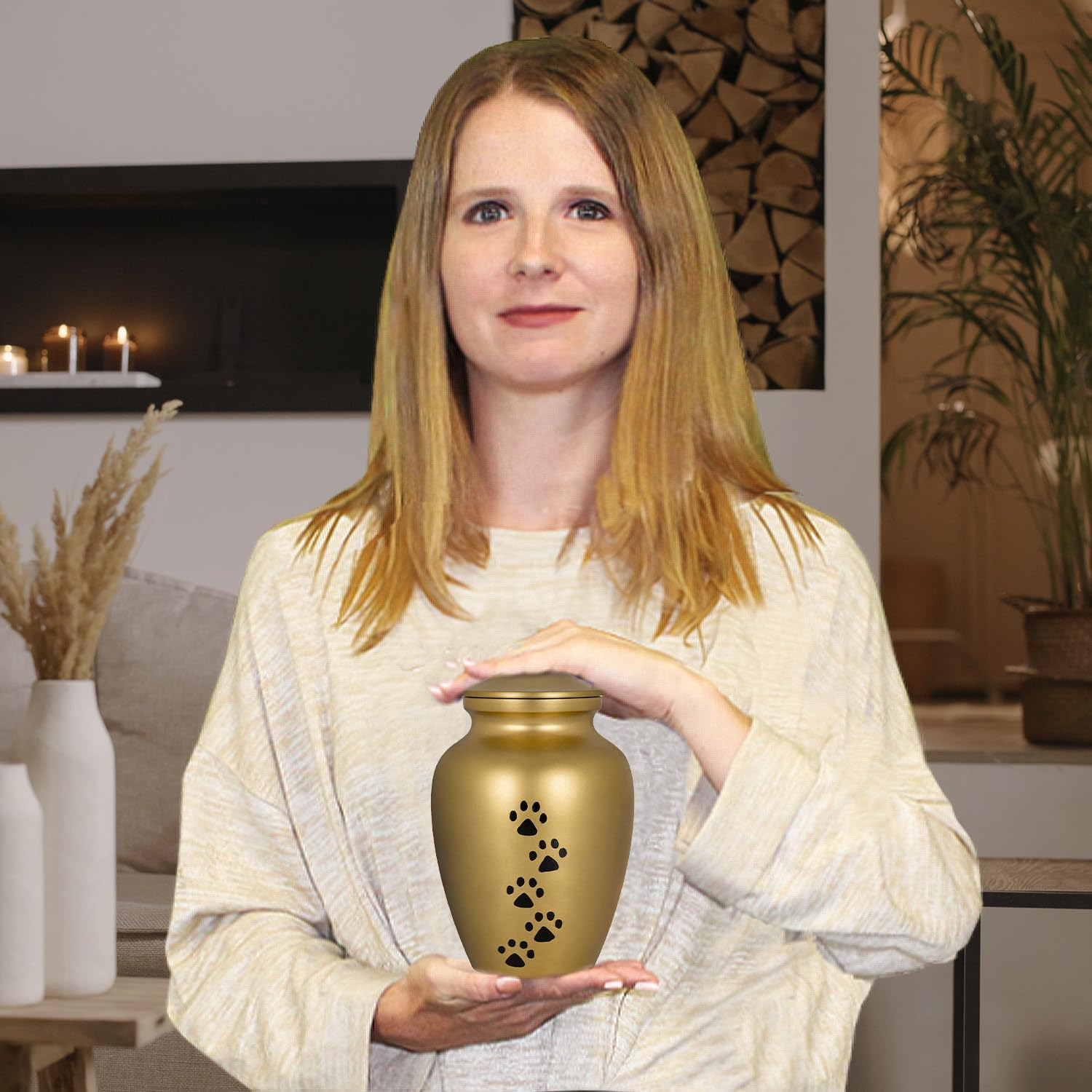 Always Faithful Small Gold Pet Urns for Dogs Ashes and Cats Too - Find Peace and Comfort with This Quality Dog or Cat Pet Urn - 4 Inches Tall Holds Remains up to 17 Lbs - with Velvet Bag image number 6