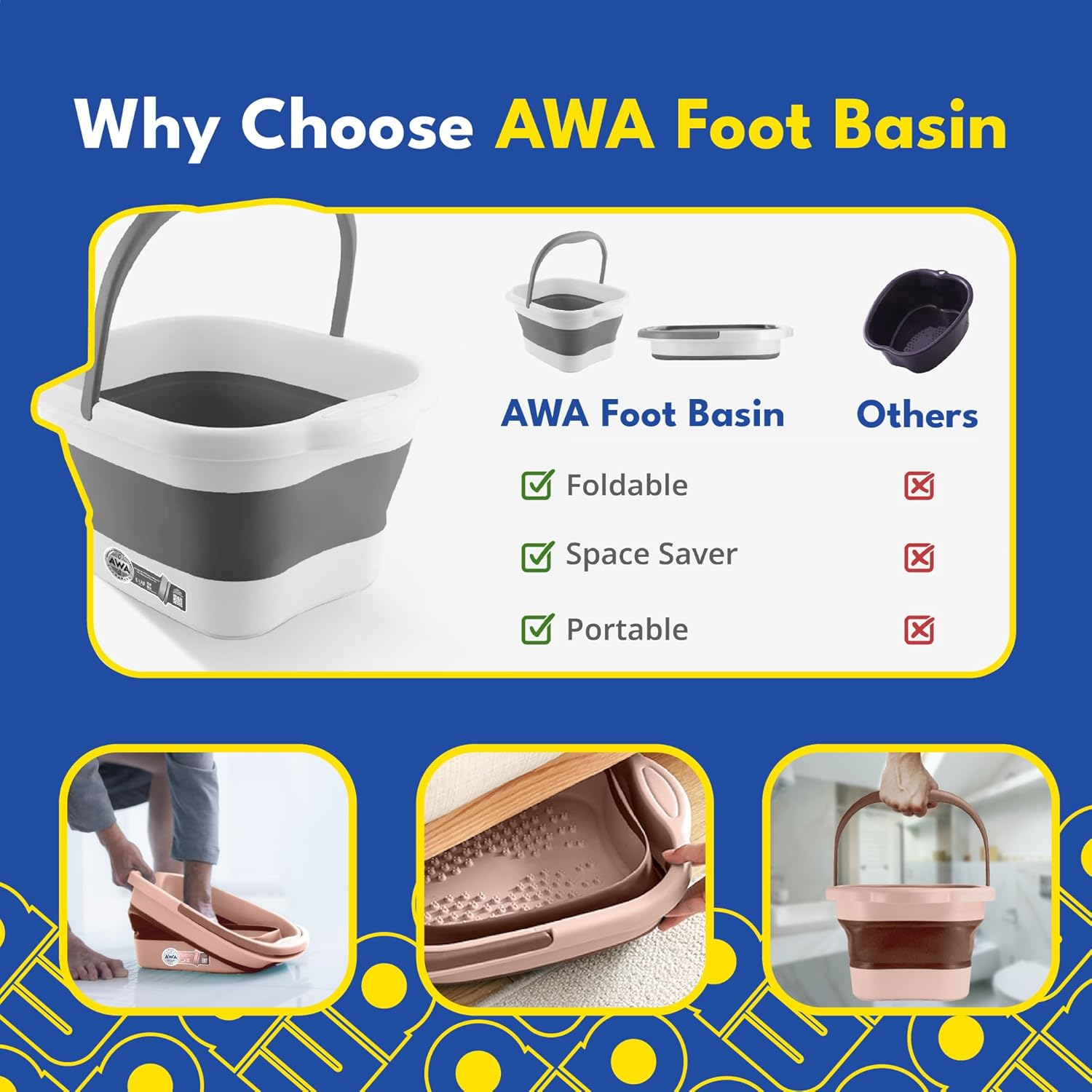 AWA Foot Soaking Tub, Collapsible Foot Bath Soak for Feet, Pedicure Bowl, Plastic Feet Tub with Acupressure Massage Points, Foldable Laundry Basket (White)