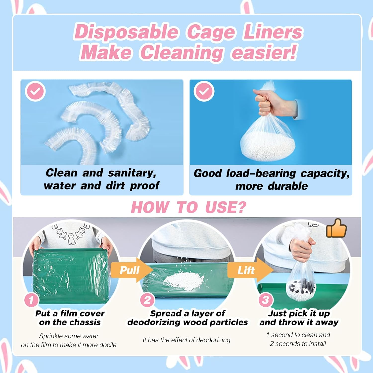 SUSOO 50 Pcs Universal Disposable Pet Cage Liners - 122Cm Elastic PE Tray Covers for Small and Large Cages Base, Leakproof Plastic Film for Birds, Parrot, Rabbits,Cats,Dogs and Animal Cage Accessories image number 5