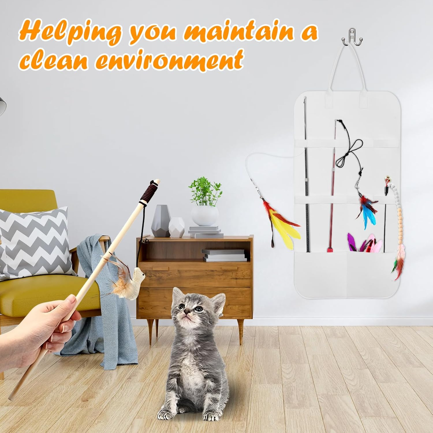 Cat Teaser Wand Holder, Felt Cat Wand Toy Storage Bag, Space Saving Cat Wand Toy Hanging Organizer, Multifunctional Cat Toy Hanging Organizer for Indoor Cats image number 4
