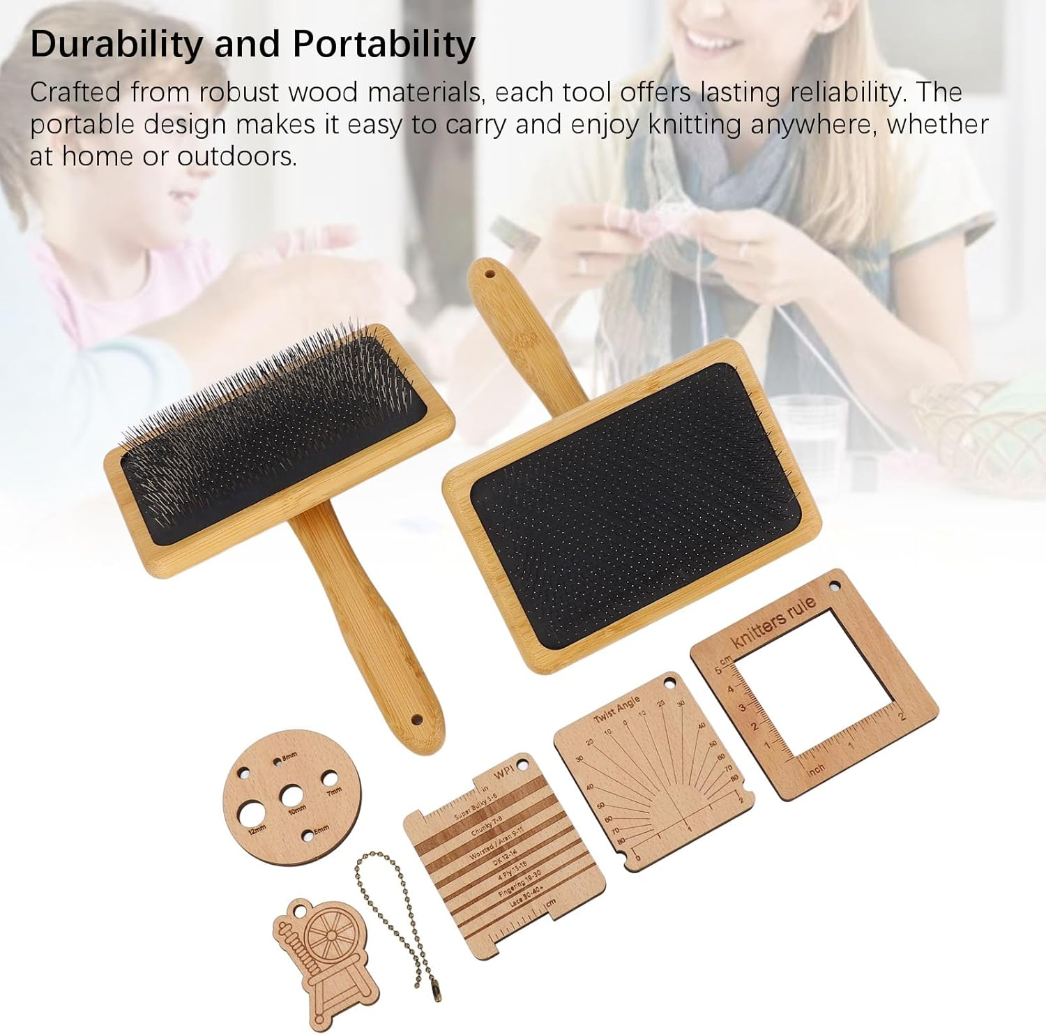 Wooden Knitting Measure Tool Set with Wool Blending Board Carding Brush Set, Wool Carders Hand Carders, Density Ruler for Wool Felting Supplies, Sewing Crafts image number 2