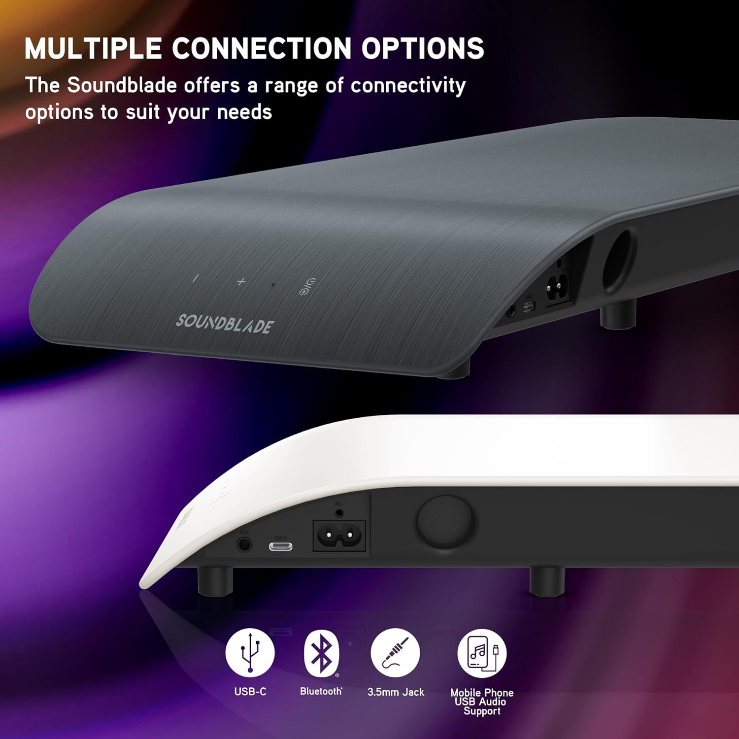 Blueant Soundblade under Monitor Soundbar, Powerful 120 Watt, 2.1 Channel USB-C, Bluetooth 5.3 Desktop Speaker for PC, Mac for Streaming Content, Music and Gaming. (Charcoal) - Charcoal image number 6