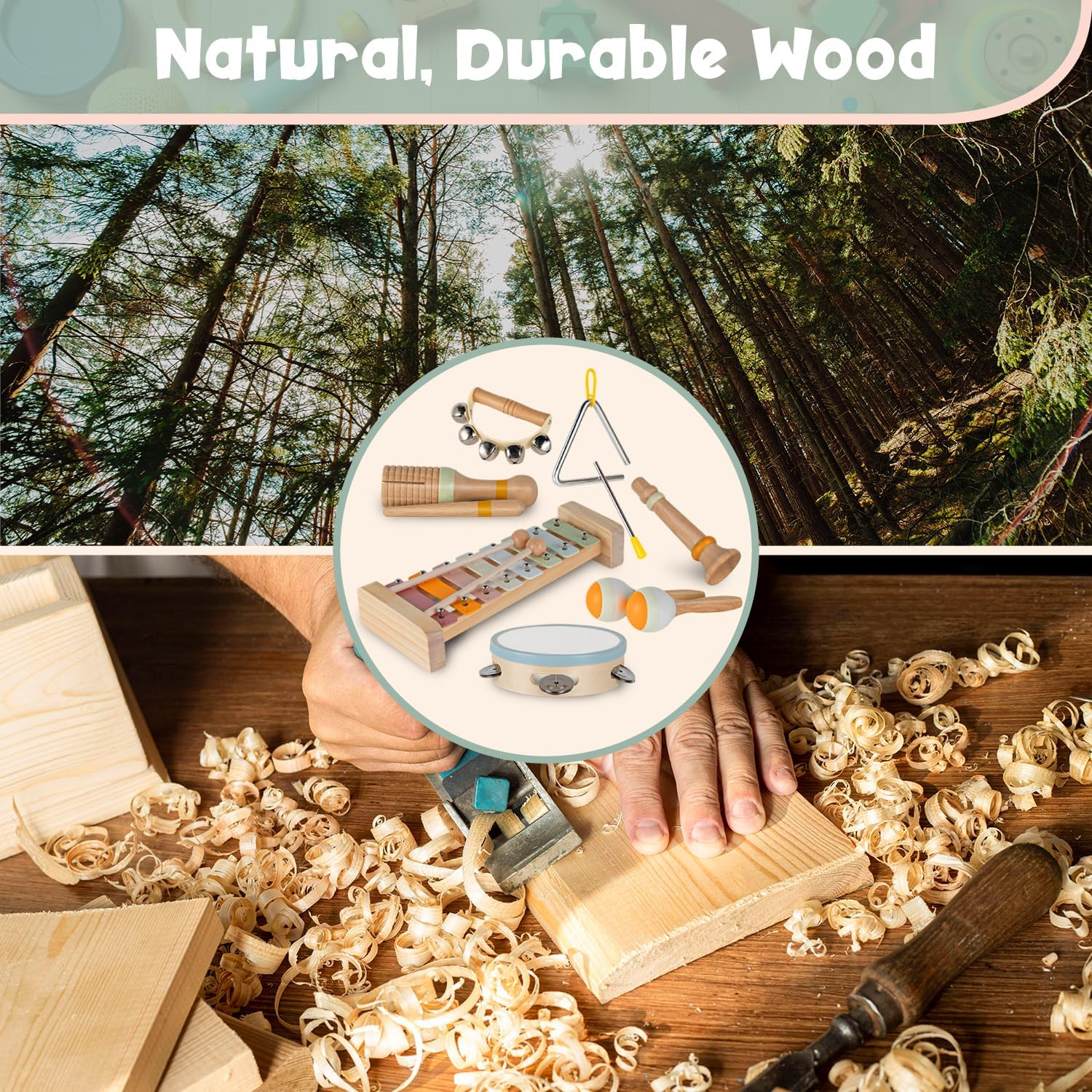 Stoie'S Wooden Kids Musical Instruments for Babies and Toddlers 1-9 Years Old, Montessori Educational Music Toy with Xylophone, Tambourine, Hand Bell, Triangle, Maracas, Durable, Storage Bag, Unisex image number 6