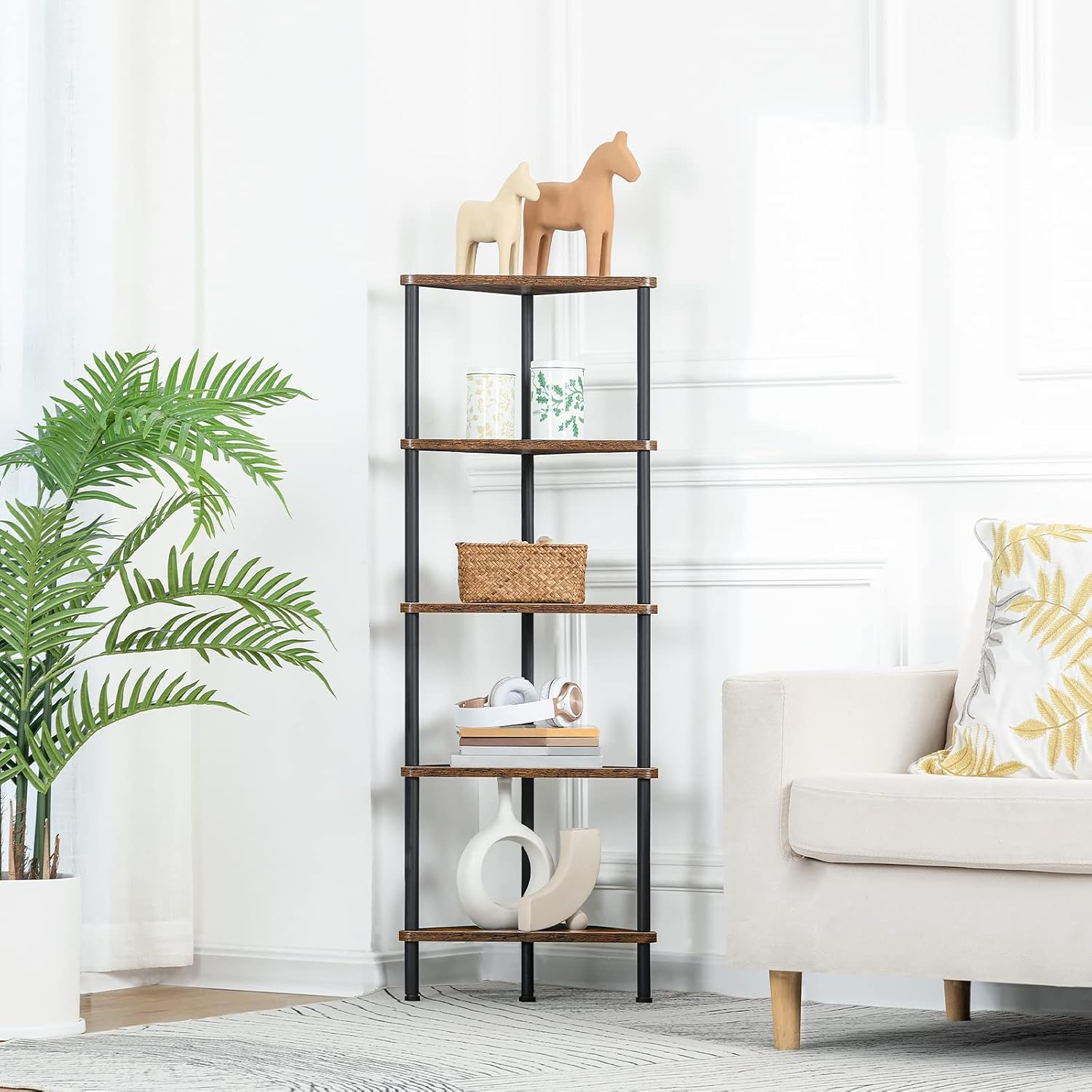 HOOBRO Corner Shelf, Industrial 5-Tier Wall Corner Bookshelf with Metal Frame, Corner Shelf Stand Display Plant Flower, Corner Bookcase for Small Spaces, Bedroom, Living Room, Rustic Brown BF33CJ01 image number 5