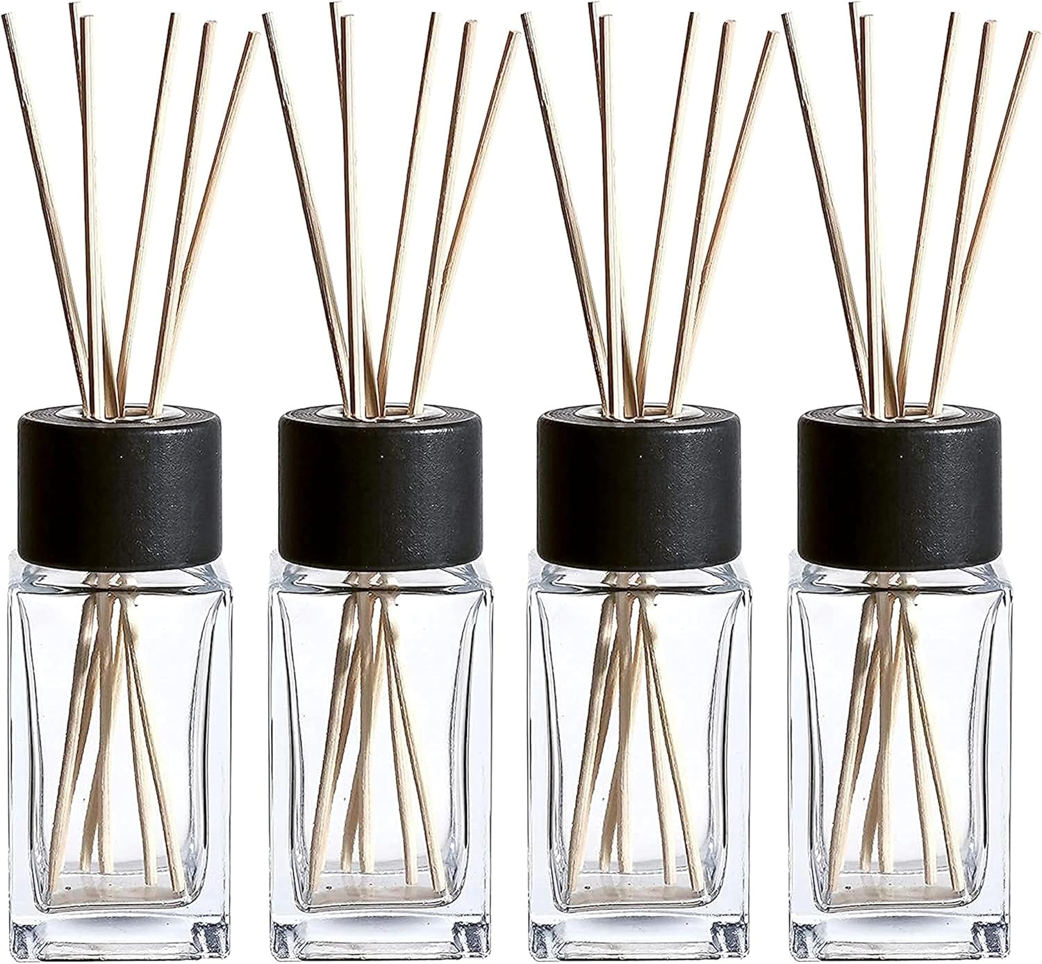Whole Housewares 100ML 3.4Ounce Clear Glass Diffuser Bottles with 24Pcs Natural Reed Sticks, 4.7" H Square Diffuser Bottle with Black Wood Caps, Set of 4 image number 2