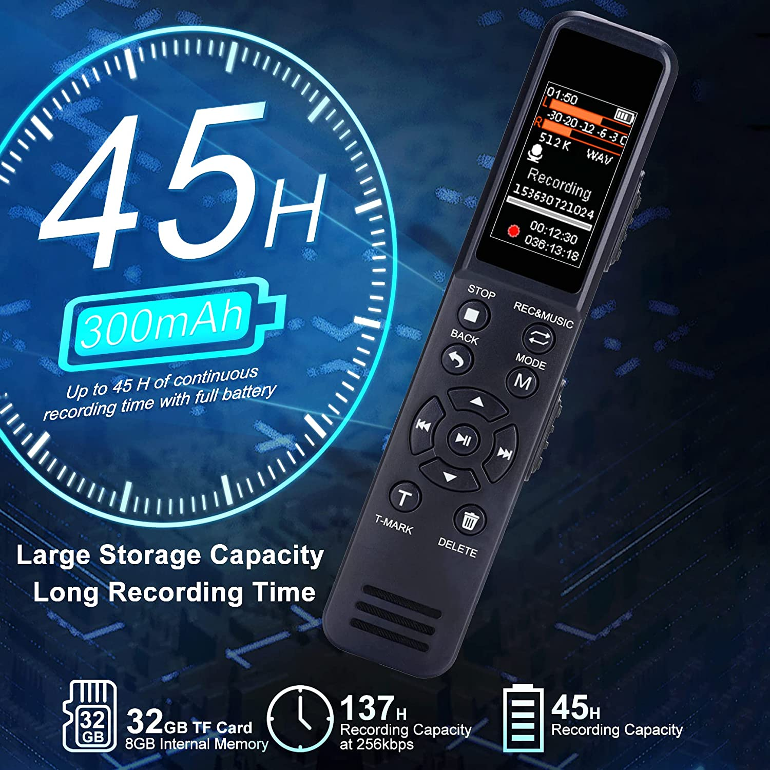 32GB Voice Recorder with Noise Cancellation & Voice Activation for Lectures, Interviews, Classes, and Meetings. 40 -Hour Battery Life, External Memory Support, USB File Transfer, Playback, MP3 Player image number 5