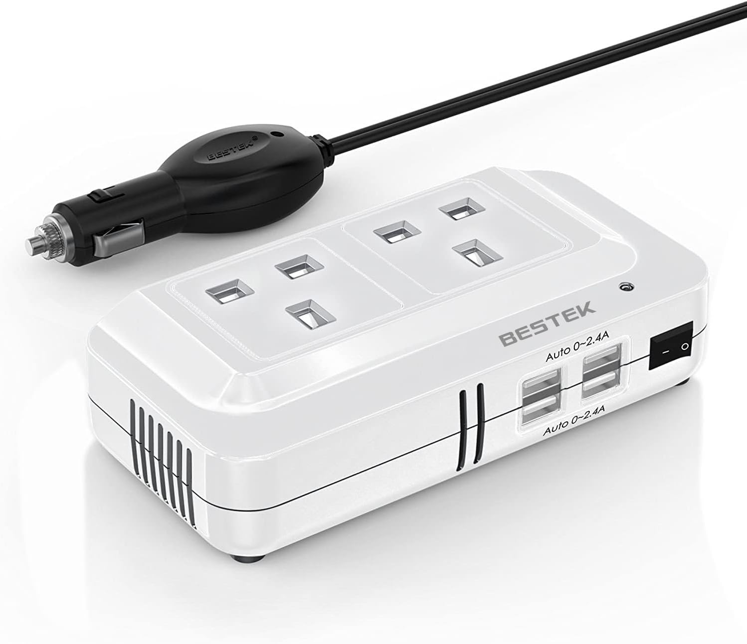 BESTEK 200W Power Inverter DC 12V to AC 230V 240V Car Voltage Converter Transformer with 3-Pin Sockets & 4-USB Ports
