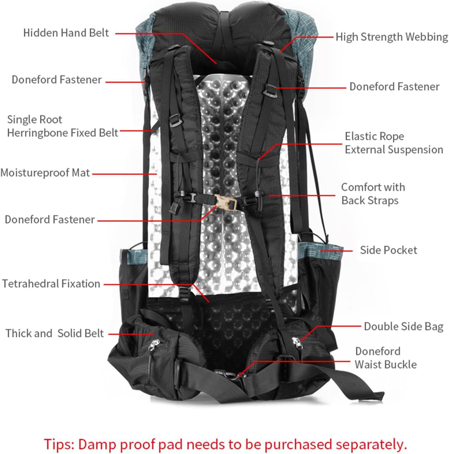 Windhike 3F UL GEAR 56L Internal Frame Hiking Backpack, Lightweight Breathable Pack-Fix Trekking Poles & Moisture-Proof Pads for Backpacking image number 6