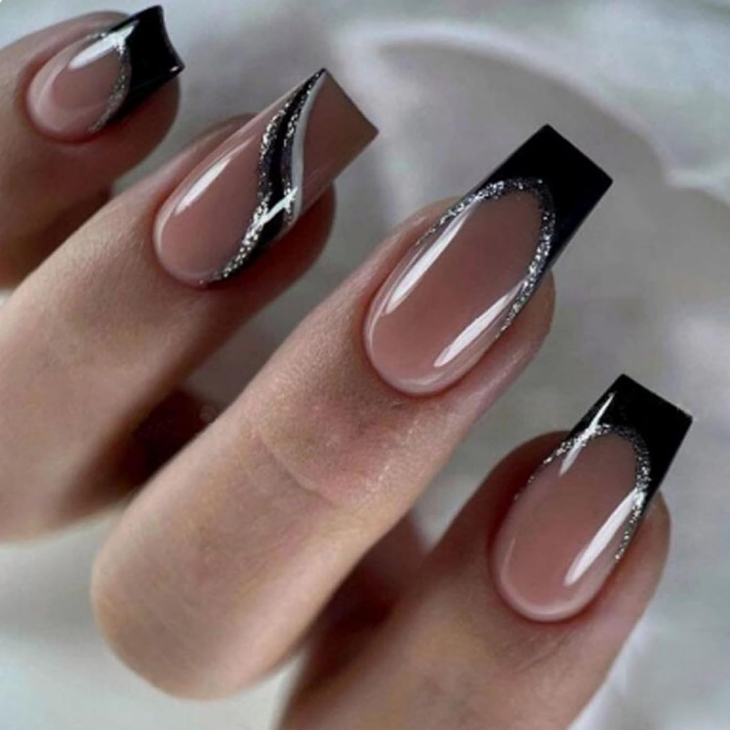 Press on Nails 24Pcs Reusable Acrylic French Full Cover False Nails W Nail Glue Women Girls Daily Decoration Nail Extension Easy DIY Black White Waves - Almond Nails-Burgundy Gradient image number 5