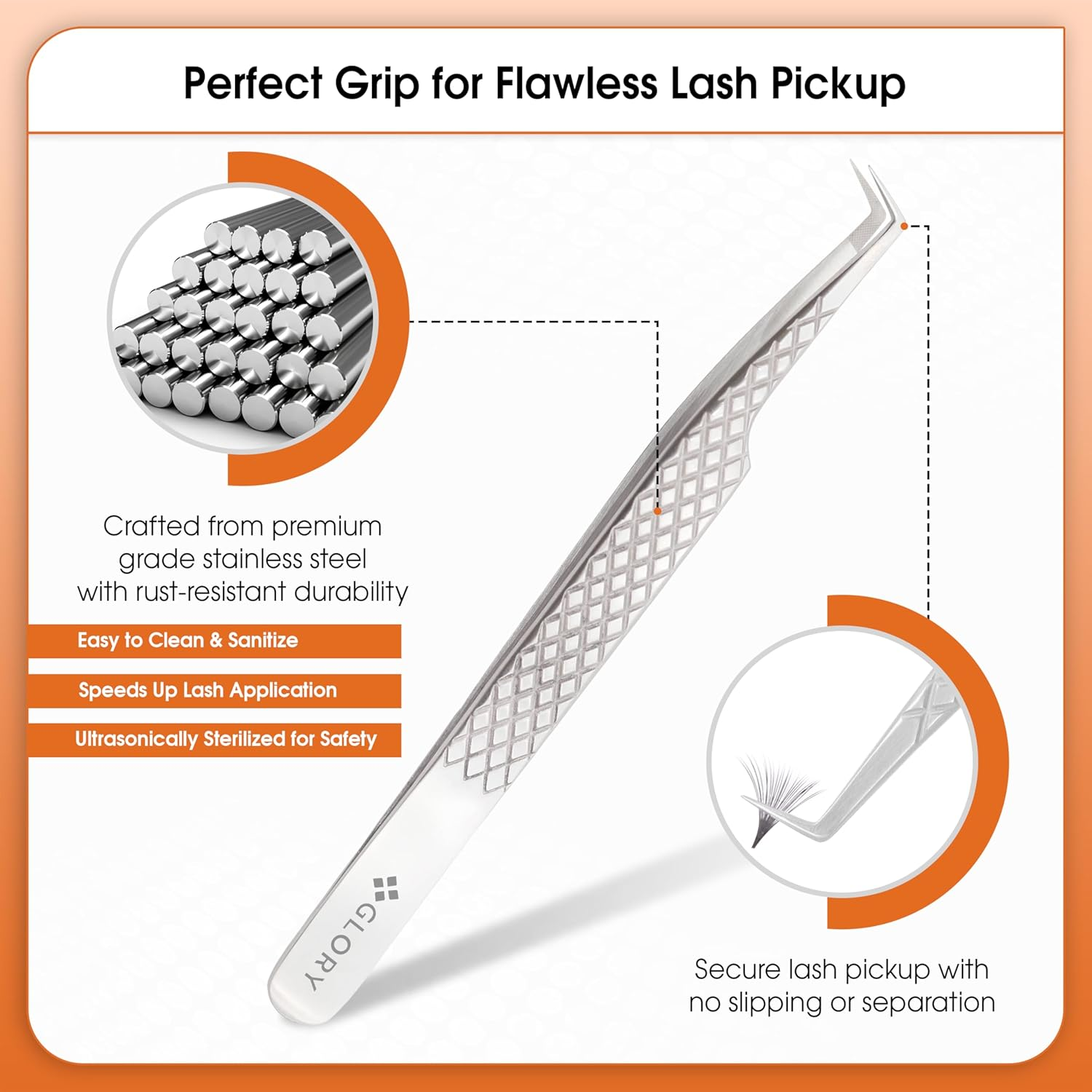 Glory 90 Degree Angle Lash Tweezers for Eyelash Extensions &ndash; Precision Fiber Tip Diamond Grip Stainless Steel Lash Tool for Mega Volume, Classic & Professional Lash Tech Supplies image number 4