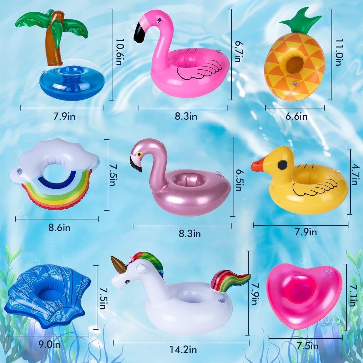 Inflatable Drinks Holder, Fyvadio 9 Pieces Pool Cup Holder Floats with Air Pump, Floating Drink Cup Bath Holder, Inflatable Cup Holder for Kids Family Pool Party
