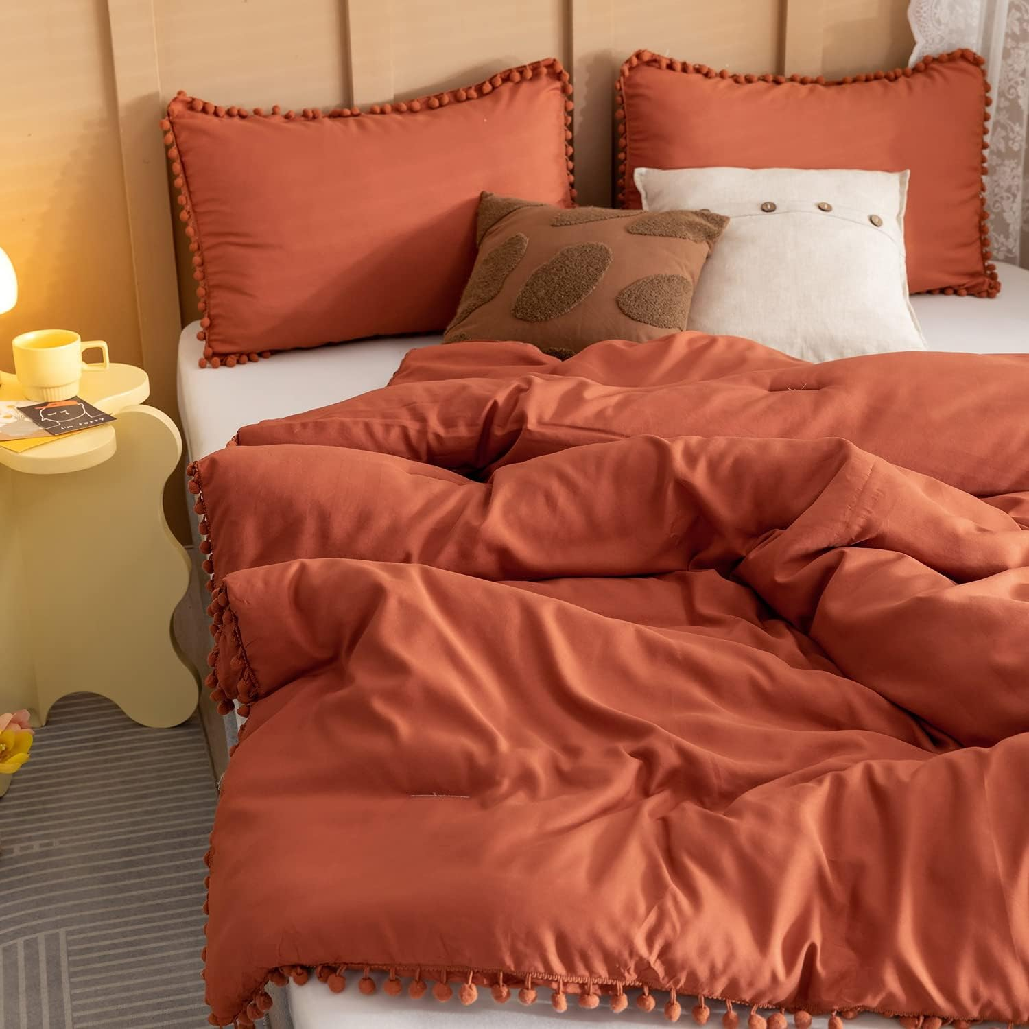 YIRDDEO Terracotta Queen Comforter Set 3Pcs Boho Ball Pom Bedding Aesthetic Burnt Orange Comforter Queen Sized Comforter Sets Rust Bed Setsolid Color for Women Men (1 Comforter 2 Pillowcases) image number 2