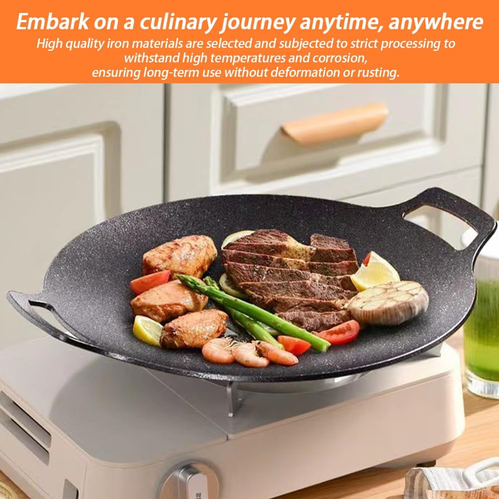 Korean round Grill Pan, BBQ Grill Pan, 36 CM Iron Non Stick Korean Grill Pan for Picnics, Camping, Outdoor, Party Gatherings Black