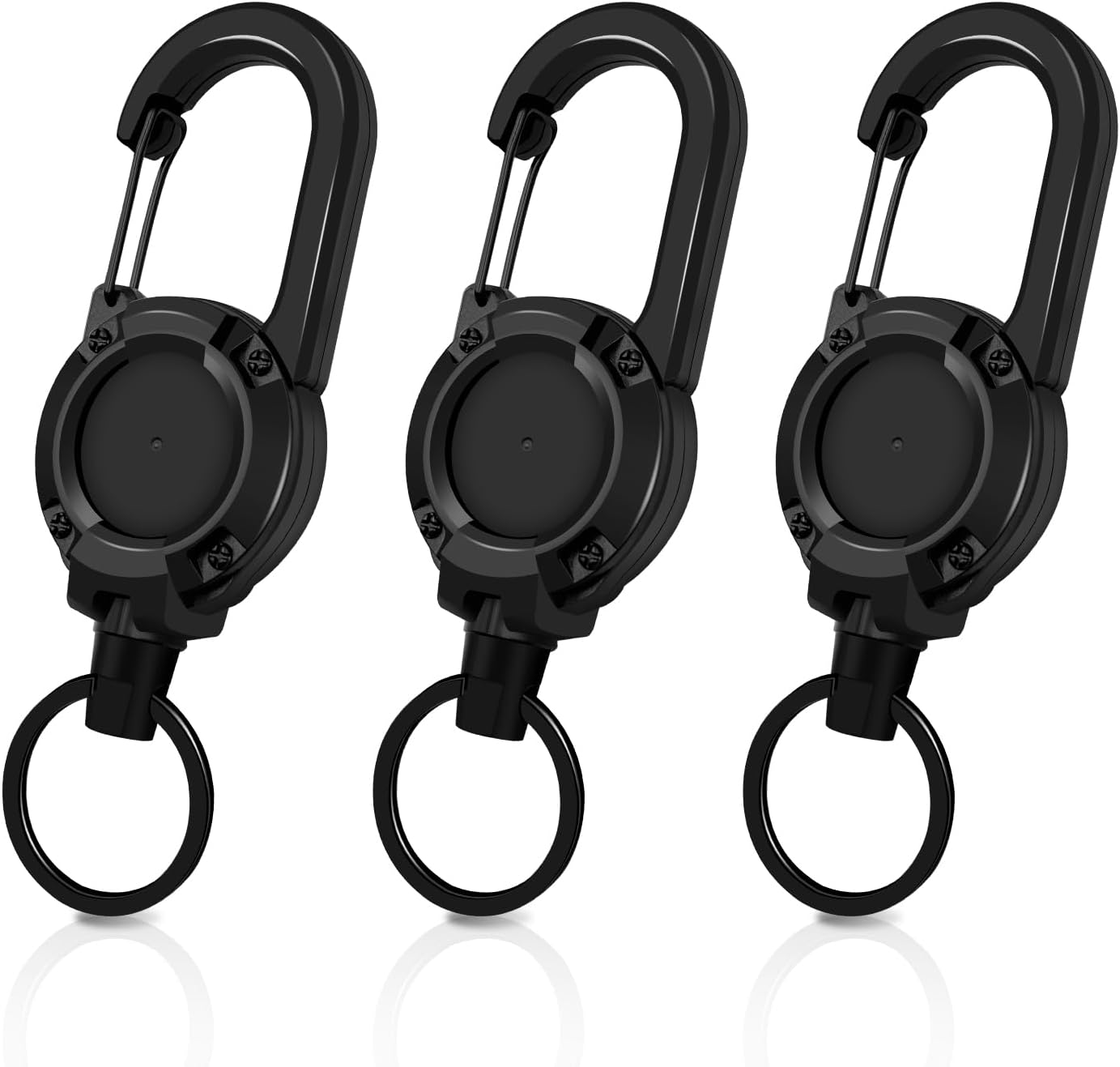 Heavy Duty Retractable Keychain 3 Pack, Retractable ID Badge Holder Reel, Multitool Carabine Key Holder for Keychain, Badge Holder with 23.6" Steel Cord Key Ring Clip, 8.0 Oz (3X Black)