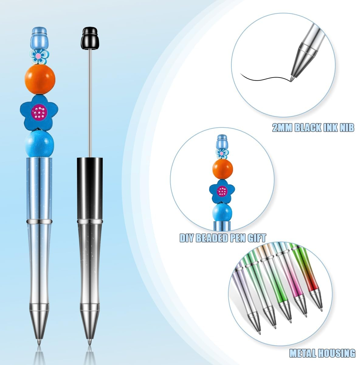 BEZANU Beadable Pens, 12 PCS Bead Ballpoint Pen for School, Office Supplies (14.5Cm/5.7In) image number 1