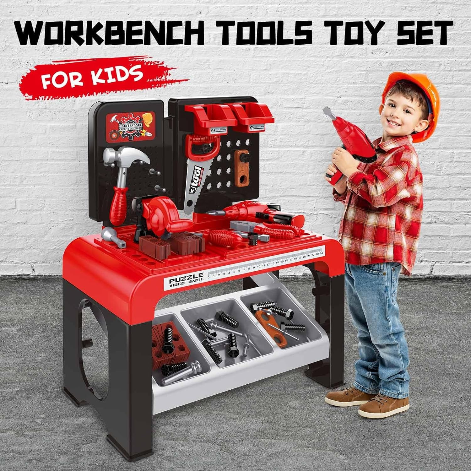 KIDBOT 46Pcs Workbench Tool Table Kids Toy Tool Bench Set, Construction Workshop with Electric Drill and Realistic Tools Toy for 3+ Years Old Kids,Educational Builder Pretend Role Play Toy image number 6