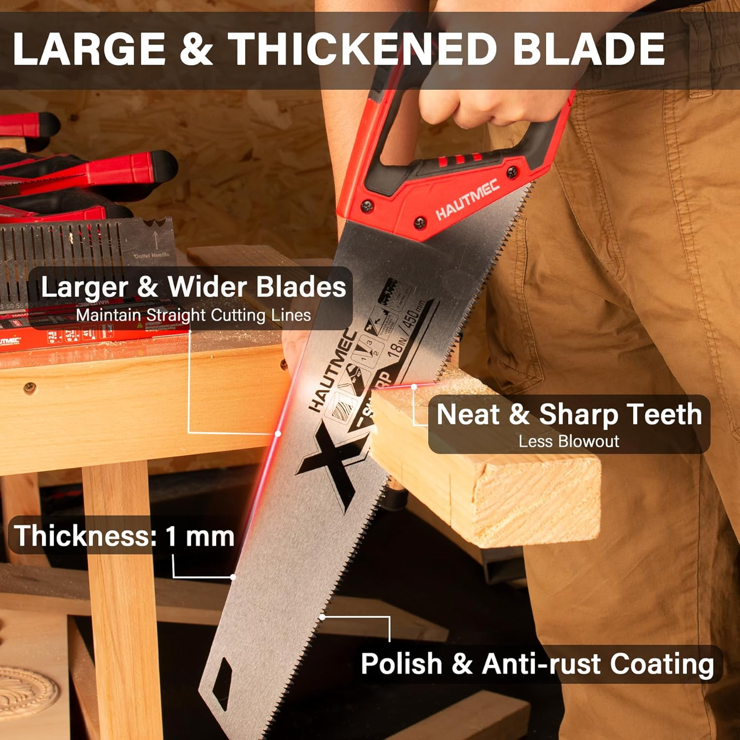 HAUTMEC X-Sharp 18 In. Universal Hand Saw - 7 TPI Universal Cuts Wood Saw - Professional Universal Saws for Wood, Laminate and Plastic - Ripcut and Crosscut Saw, HT0151 image number 4