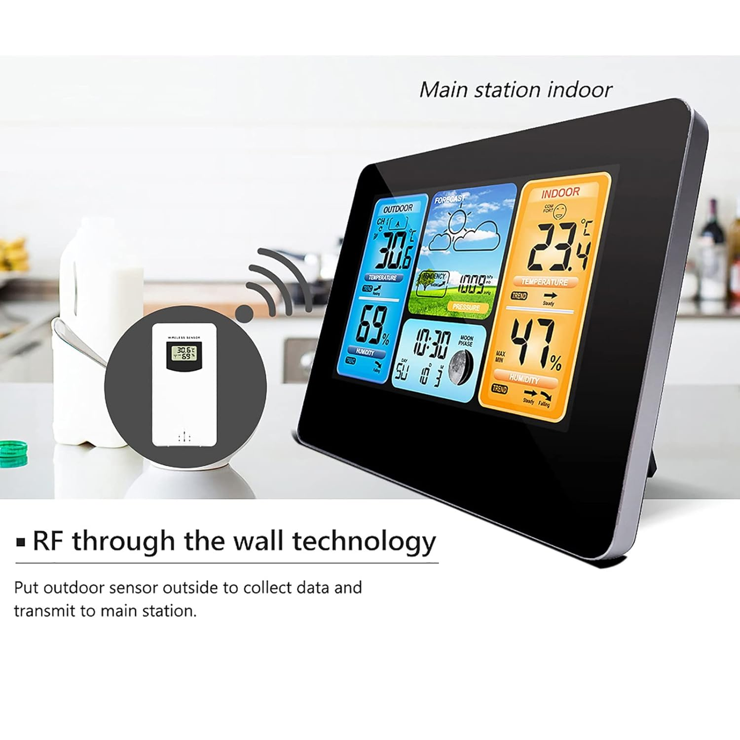 Indoor Outdoor Thermometer Wireless, Weather Station with Atomic Clock,Usb197Ft（60M） High Precision Temperature Humidity Meter, HD Color Display Weather Thermometer with Barometer Black & White image number 6