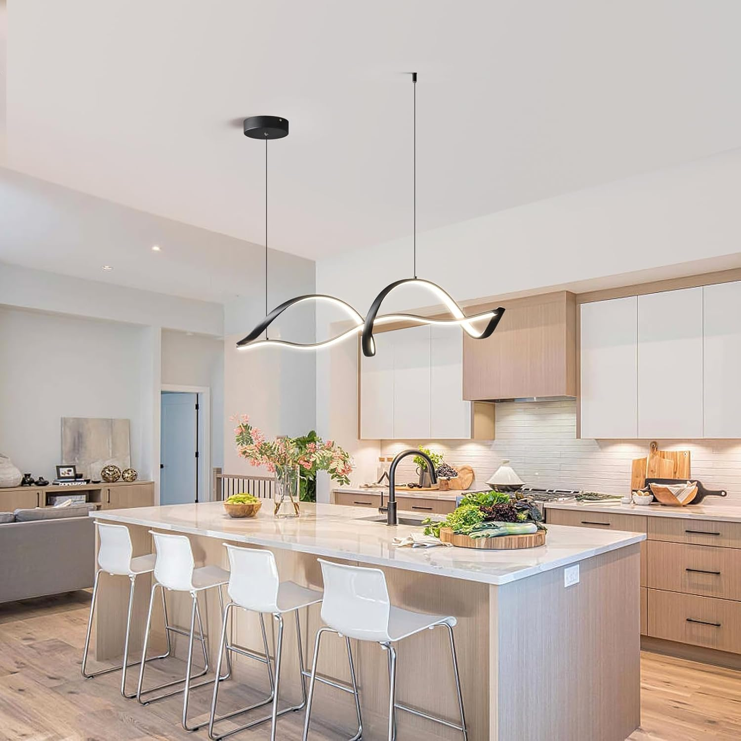 GEADI Modern LED Pendant Light, Dimmable Linear LED Chandelier, 110Cm Wave Kitchen Pendant Lighting over Island, Adjustable Hanging Light Fixture for Dining Room, 3000K-6000K