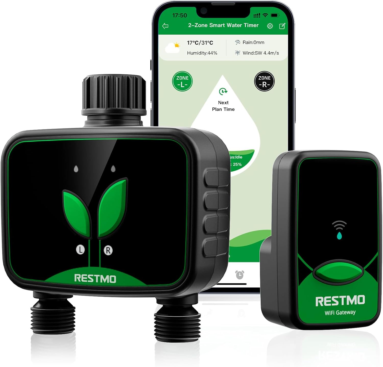 【2 Outlets】 RESTMO Smart Water Timer, Remote and Voice Control via App, RF to Wifi Tap Timer, Programmable Irrigation Controller with Auto/Manual/Rain Delay for Lawn, Garden, Drip System image number 1