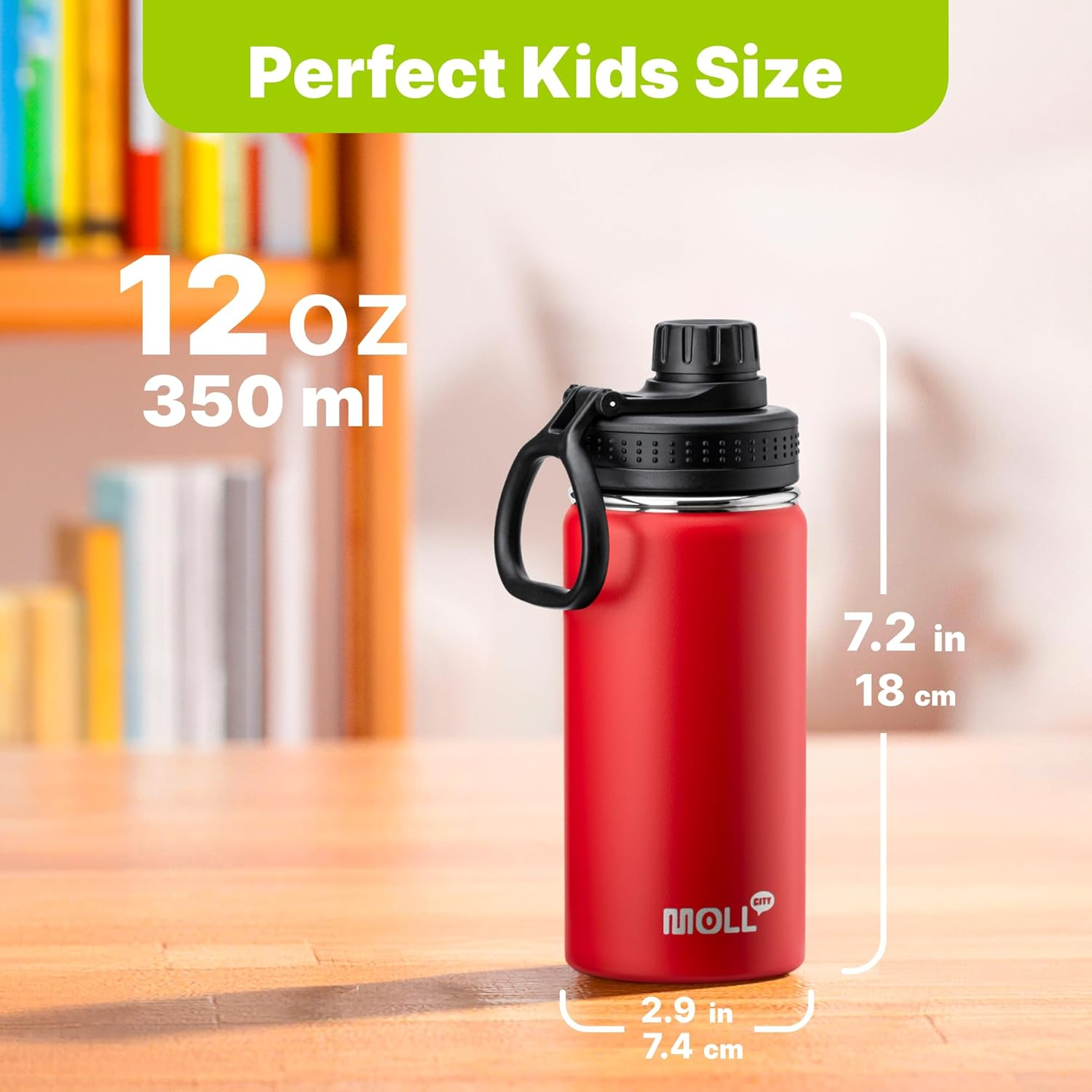 Kids Water Bottle 12 Oz Stainless Steel Insulated Water Bottle Wide Mouth with Leakproof Spout Lid-Sports Flask for Girl and Boy (Canyon Red-Black) image number 2