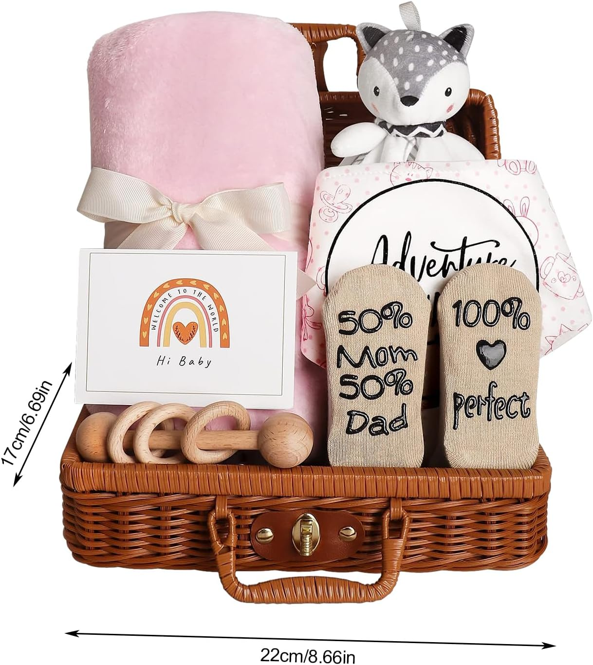 Baby Gift Basket - Shower Gift Basket | Sets with Baby Blanket Rattle | Includes Blanket, Socks, Doll, Rattle, Triangular Towel & Greeting Card &ndash; Perfect Babies Shower Set for New Parents image number 1