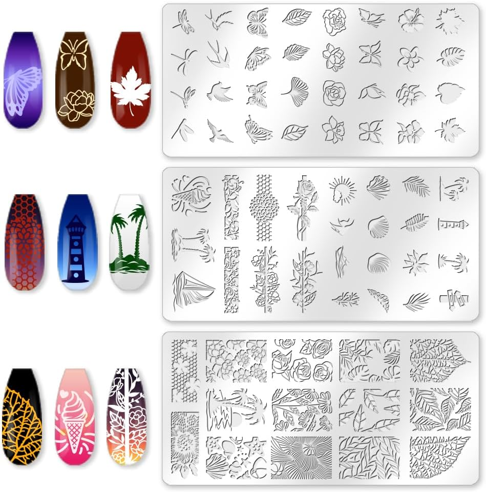 Beinkmake 3Pcs Floral Leaves Nail Stamping Plate Set Lace Seaside Nail Stamp Templates French Tip Nail Art Stamp Plates Butterfly Image Plate Reusable Tools with Stamper Scraper for Manicure Printing image number 1