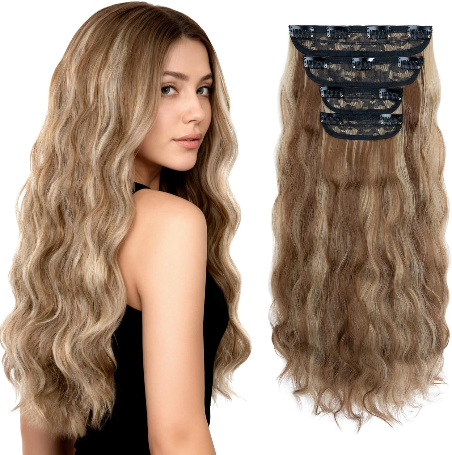 Hairro Clip in Hair Extensions, 20 Inch Long Wavy Hairpieces, Natural & Soft, 4PCS Black Mixed Light Brown Hair Extensions, 200G