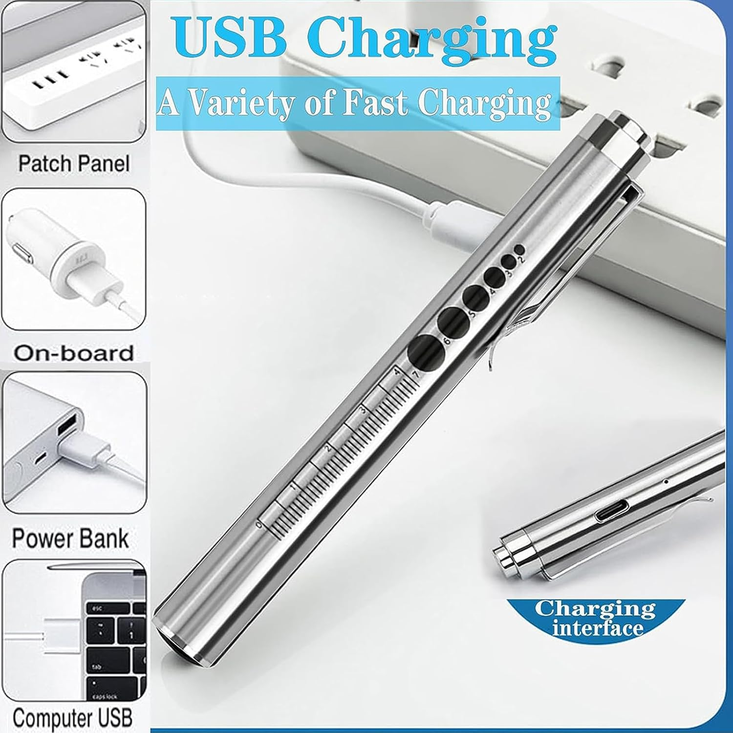 YUENTOEN Pen Light, LED Pupil Gauge Penlight with 2 Light LED Sources, USB Rechargeable Mini Penlight for Gifts Home Camping Outdoor(Silver) image number 3