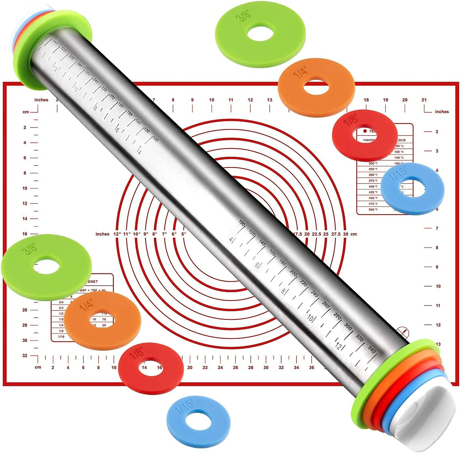 Roccar Rolling Pin and Silicone Baking Pastry Mat Set, Stainless Steel Dough Roller, Rolling Pins with Adjustable Thickness Rings, for Baking Dough, Pizza, Pie, Pastries, Pasta, Cookies image number 6