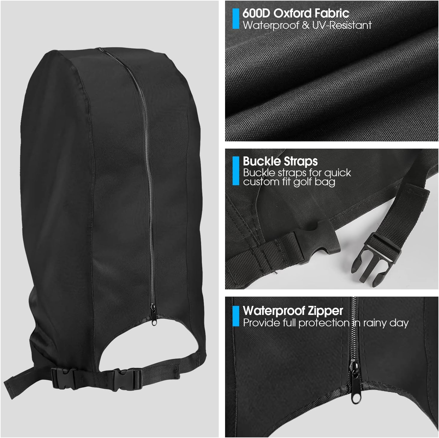 Rilime Golf Bag Rain Cover - Waterproof, Durable Golf Bag Cover for Men & Women, Suitable for Stand Bags & Cart Bags, Black, Adjustable Strap, 13" L X 20" H