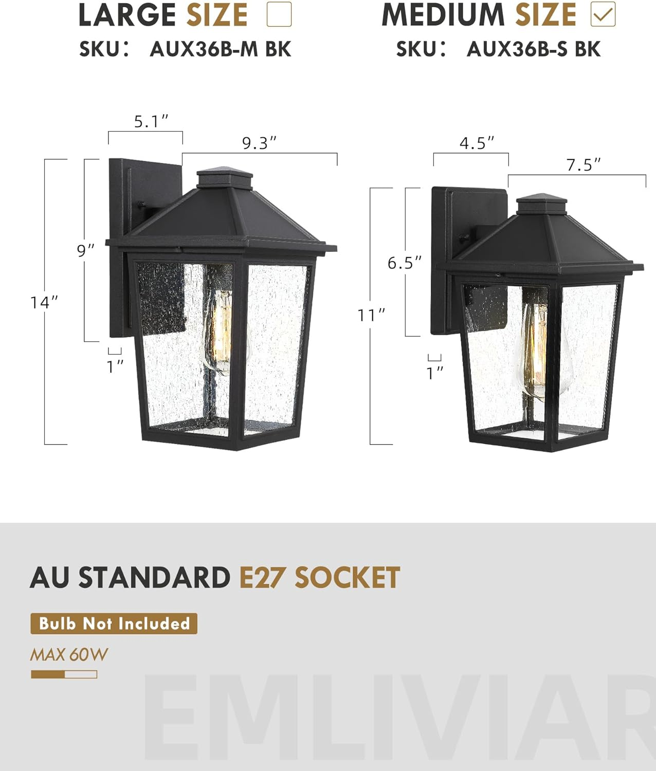 EMLIVIAR Outdoor Wall Sconce, 11" Exterior Wall Lantern Porch Light with Seeded Glass Shade, Waterproof for Doorway, Hallway, Garage, Matte Black Finish，Aux36B-S BK image number 6