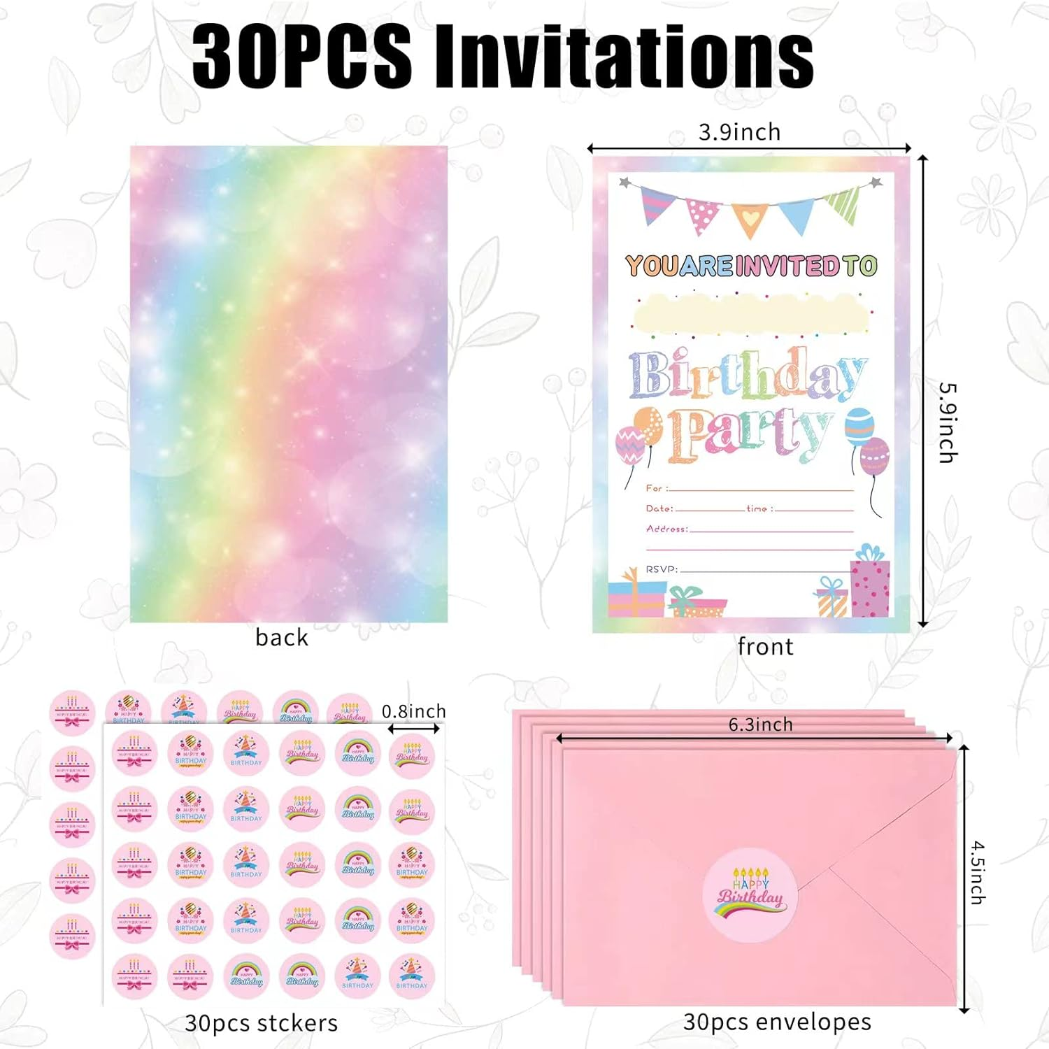 30 Pack Birthday Party Invitations for Girls with Envelopes and Sticker, Cute Birthday Party Invitations Cards for Kids, Party Decorations Supplies for Baby Shower Birthday Party