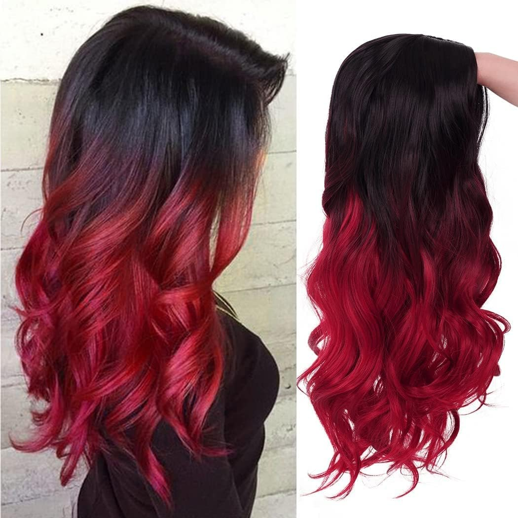 Beweig Ombre Wig Black to Red Long Wavy Wig for Women Side Part Dyed Synthetic Heat Resistant Wig for Daily Party