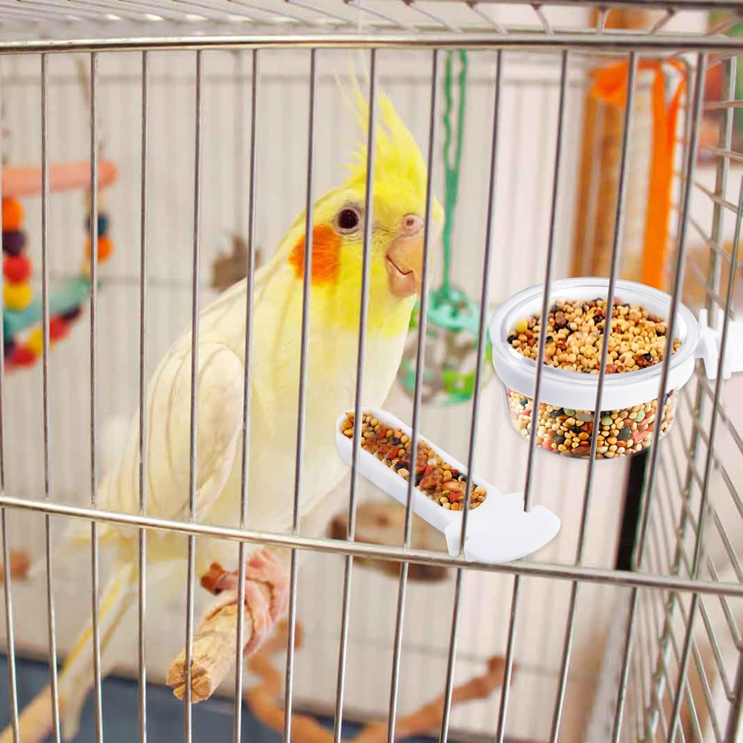 4 Pcs Small Bird Detachable Transparent Bowl with 8 Pcs Small Food Cups, Parrot Plastic Food Feeder Convenient Hanging Food Cups for Canary Finch Parrot (Transparent) image number 3