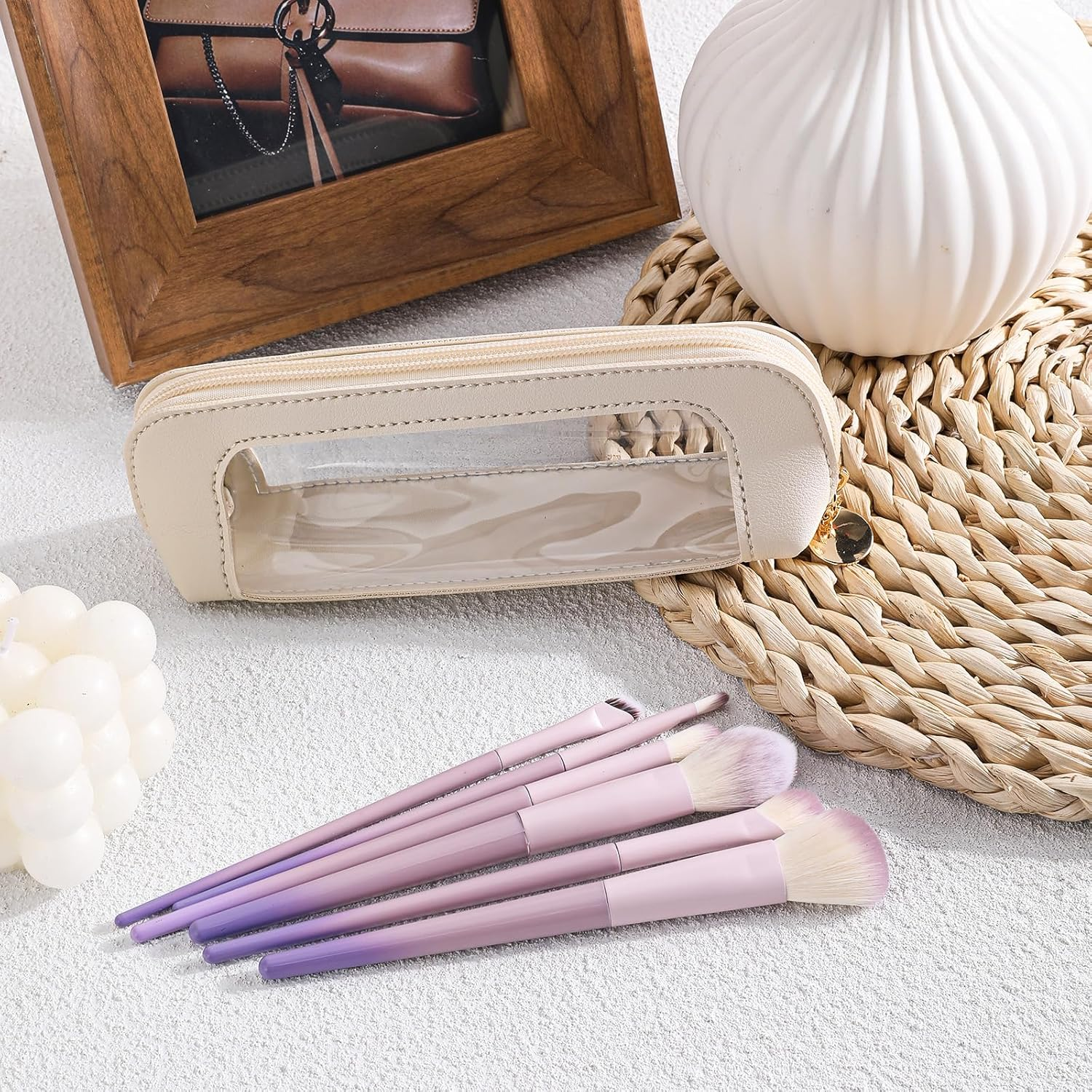 Mini Cosmetic Bag Transparent Beige Makeup Bag Storage Bag Small PU Mini Make up Bag Portable Cosmetic Bag Waterproof Cosmetic Bag Travel Organiser Women'S Make up Bag Small Beauty Bag, White - White image number 5