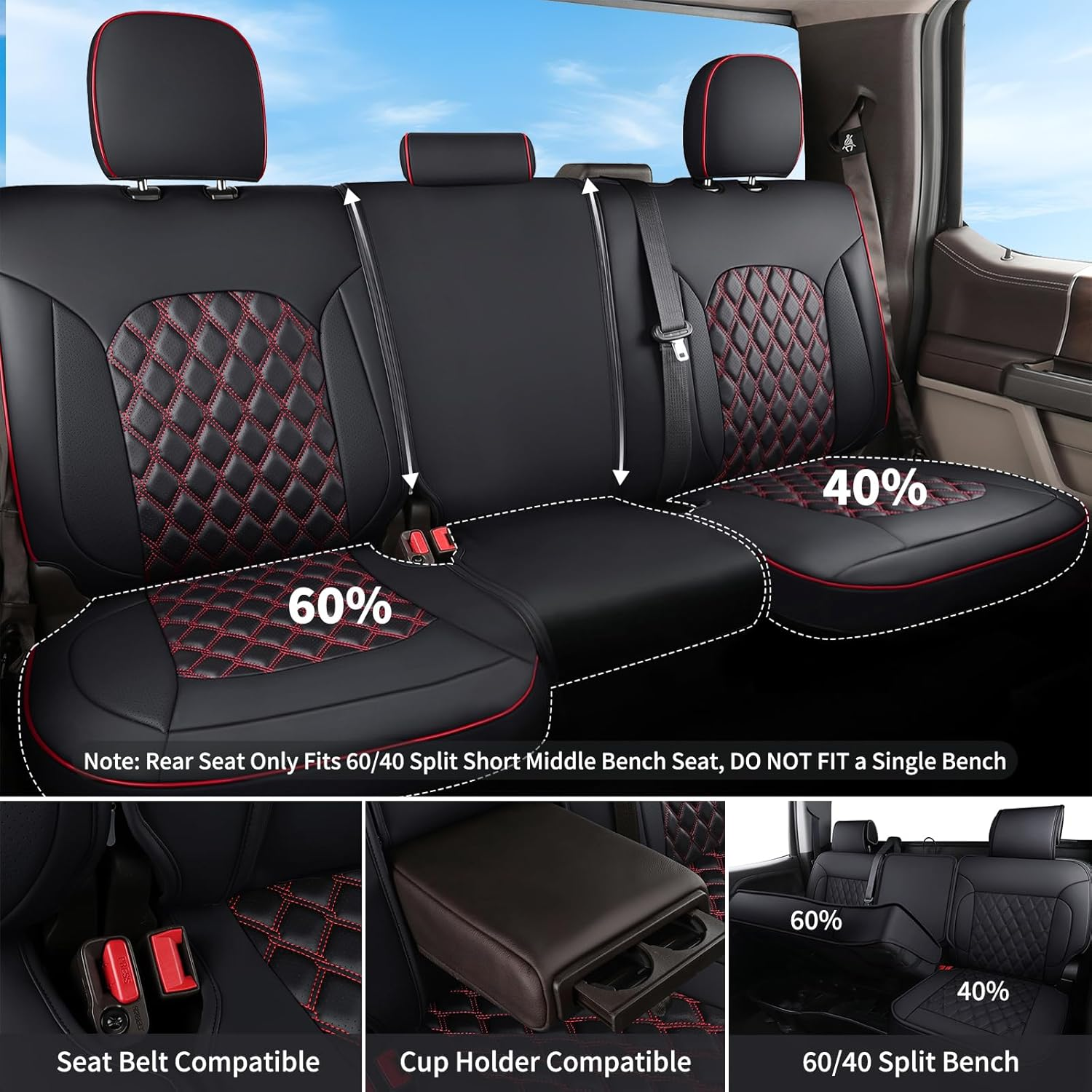 Huidasource Dodge Ram Seat Covers, Front & Rear Pickup Truck Leather Seat Cover Fit for 2009-2018 1500, 2010-2023 2500/3500 Crew Mega Cab, 2019-2023 Ram 1500 Classic Only(Full Set/Black&Red) image number 2