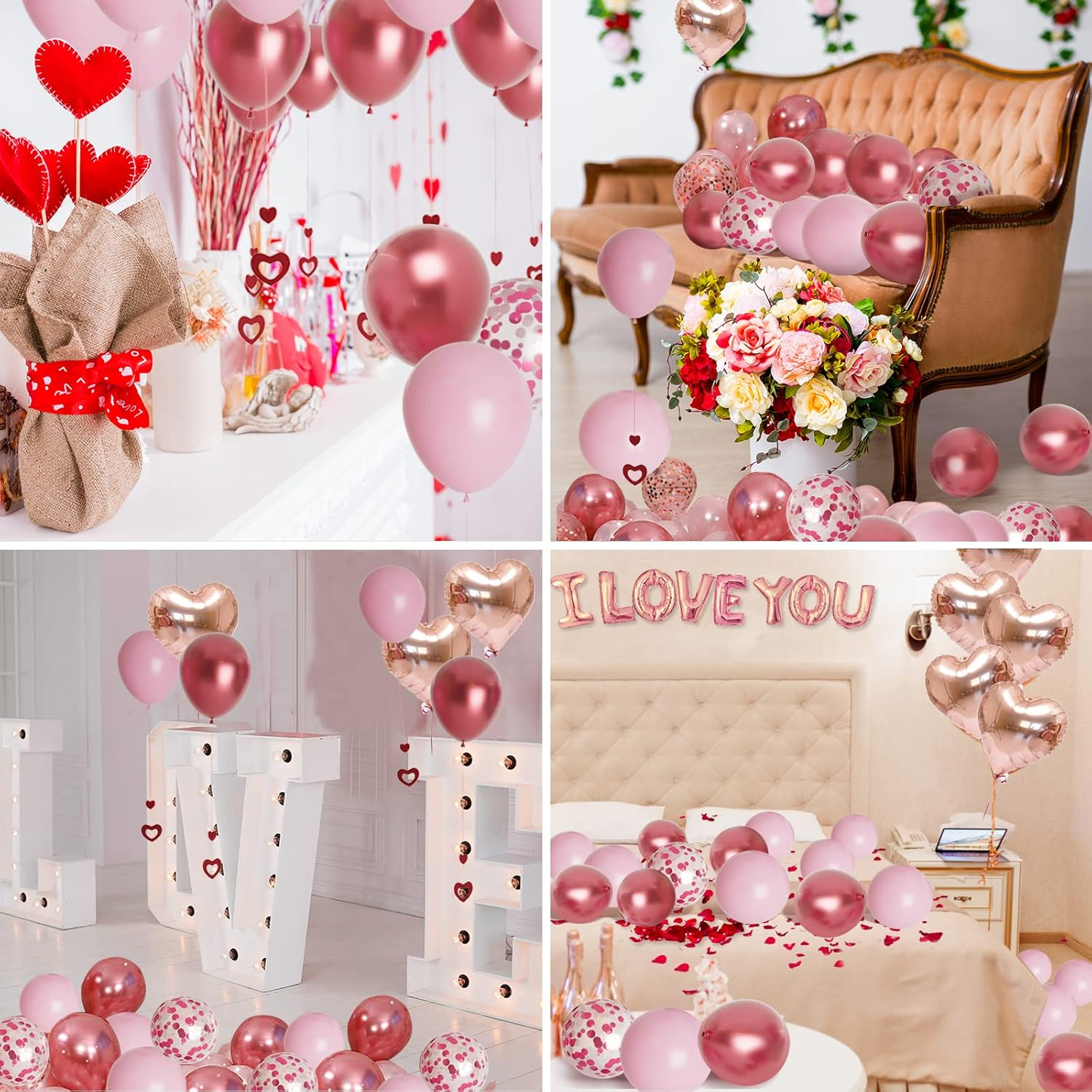 Bonropin Valentines Day Balloons Kit Rose Gold Pink Heart Balloons with Rose Petals I Love You Balloons for Anniversary Mothers Day Wedding Romantic Decorations Special Night image number 5